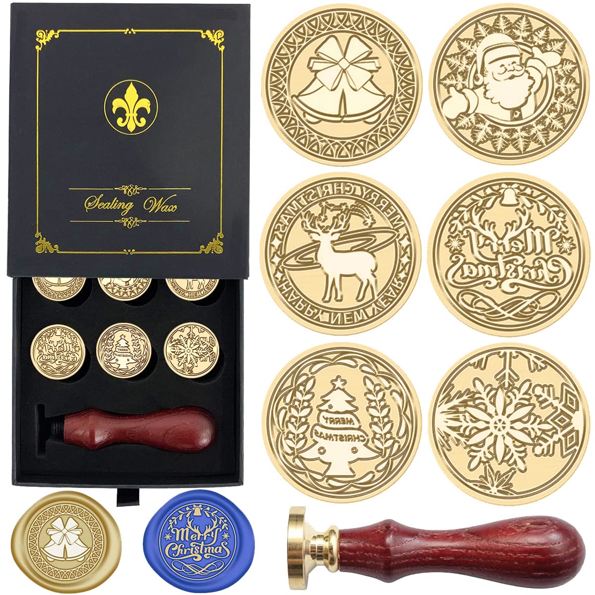 Wax Seal Stamp Hot Stamping Gift Box Set, 6 Pcs Sealing Wax Stamps Copper Seals 1 Wooden Hilt, Wax Stamp Kit for Cards Envelopes, Gift Packaging (Christmas Series)