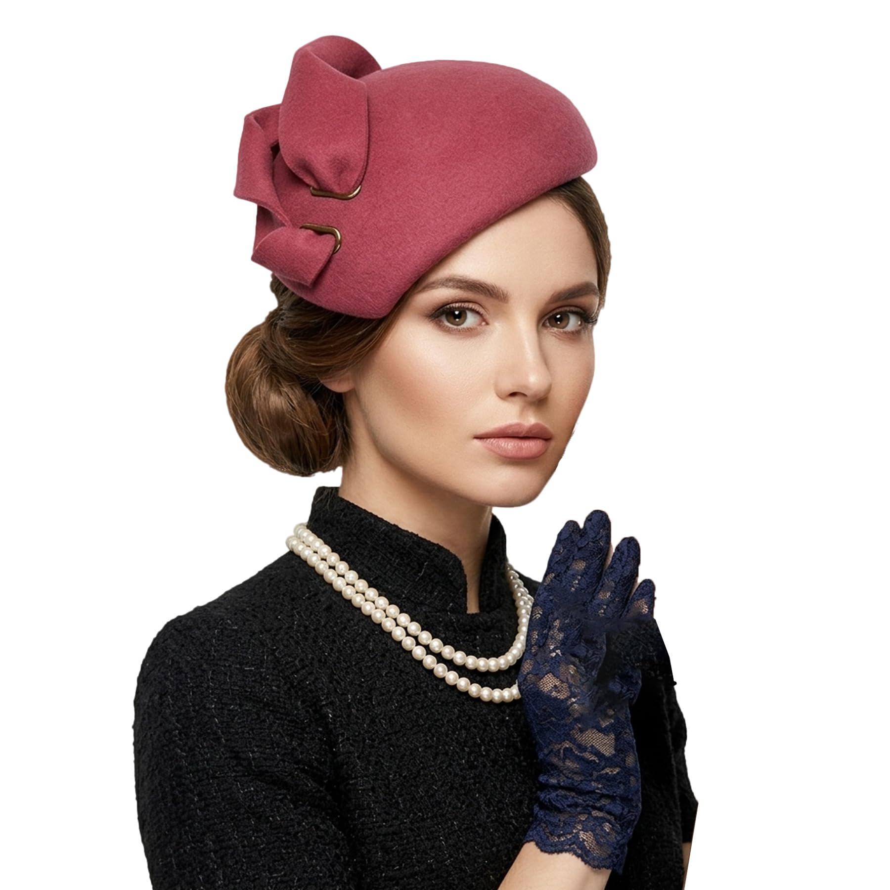 Vintage Women's Fascinators Wool Felt Pillbox Hat Ladies Hats for Church Derby Party Wedding Teardrop Hat Flower Fedoras, Pink, L