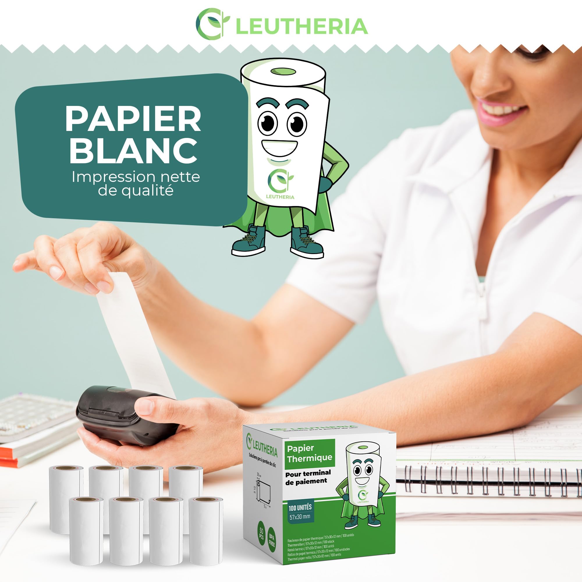 Bobines papier thermique 57x30x12mm sans BPA pour carte bleue ticket de caisse rouleaux CB