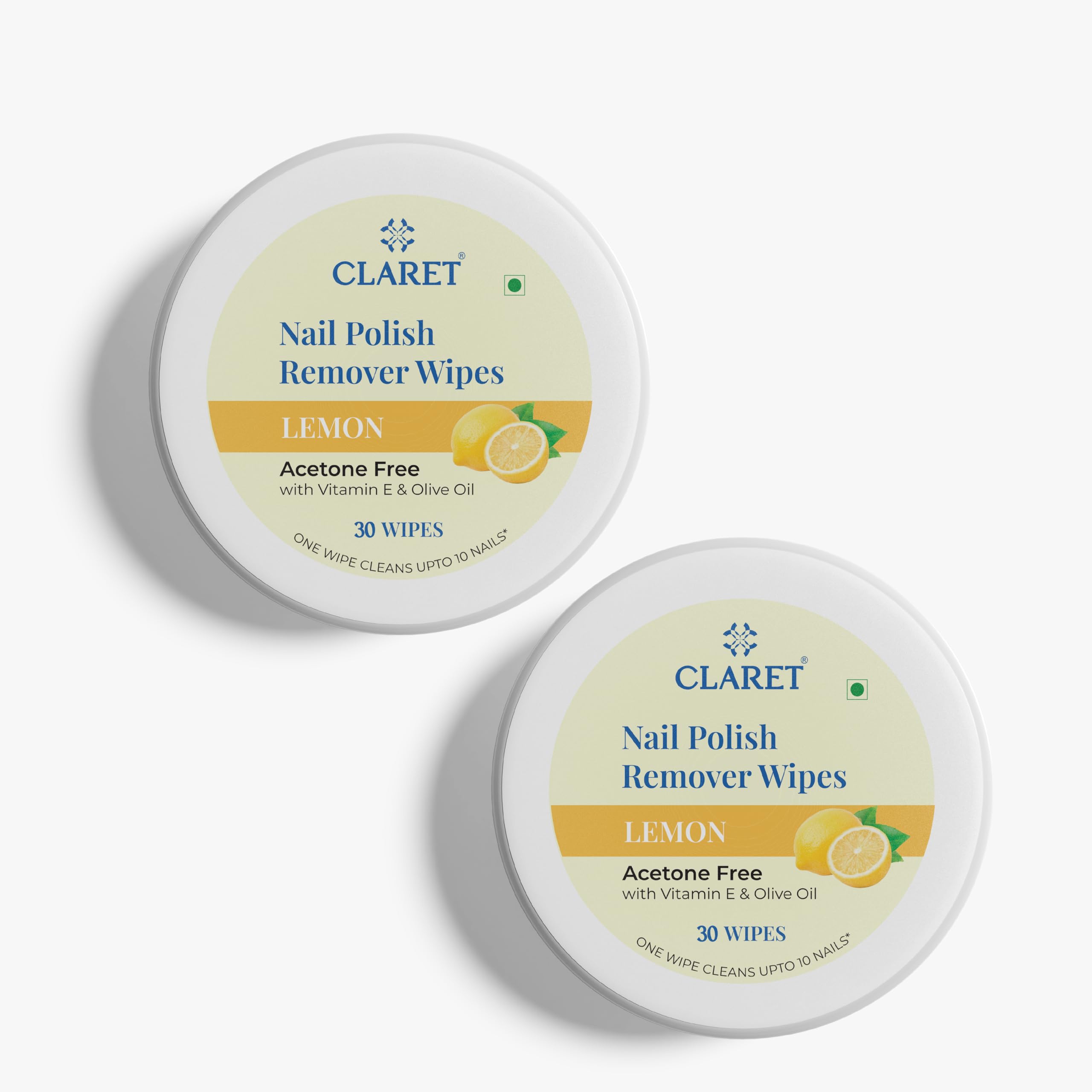 Claret Lemon Nail Polish Remover Wipes | 45 mm Dia. | 30 Wipes | Acetone-Free With Vitamin E & Olive Oil | One Wipe Cleans Up to 10 Nails | Travel-Friendly Nail Care (Pack Of 2)-image-47