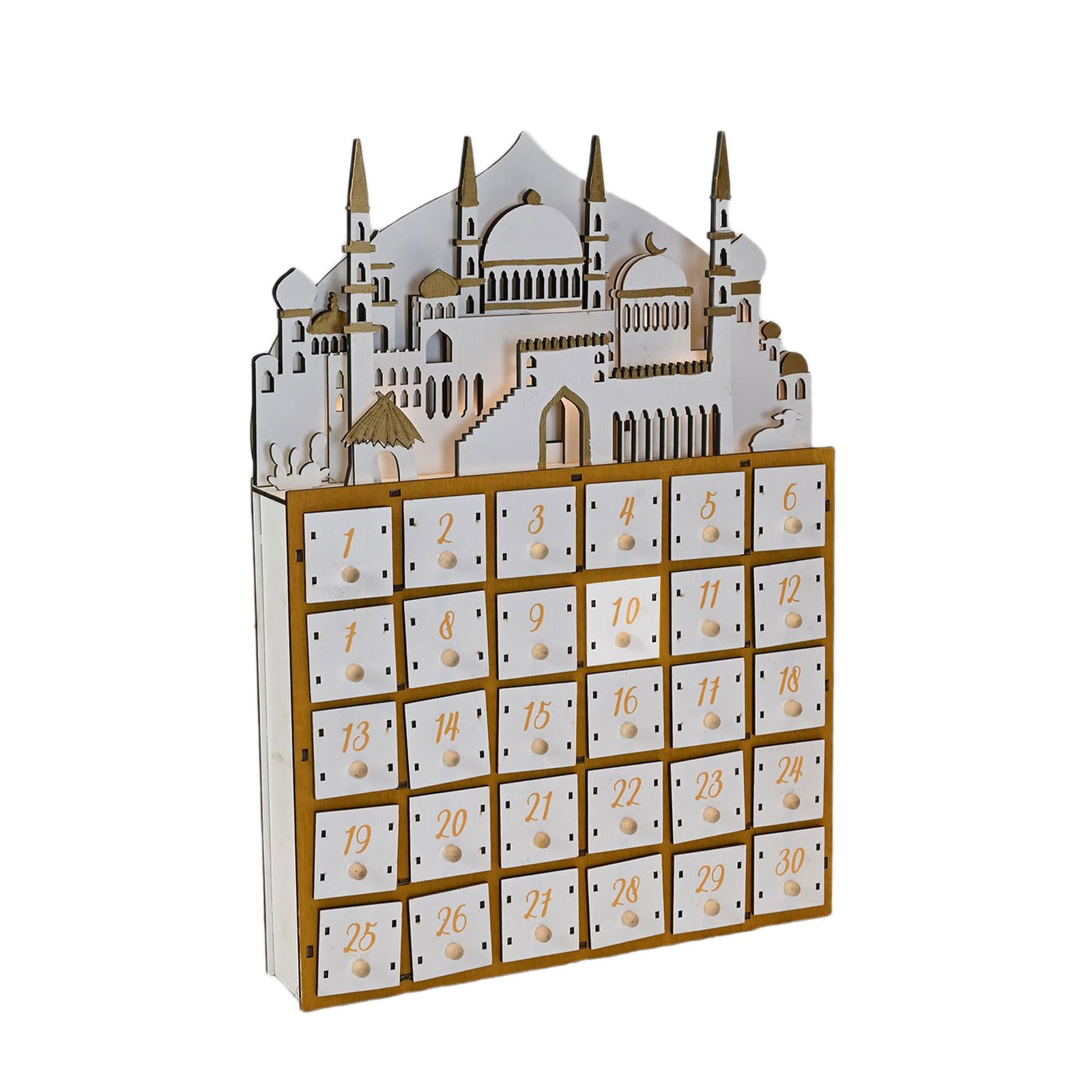 Islamics Home Decors Eid Countdown Kalender 30 Tage Schubladen LED beleuchtet Holz Ramadans Adventskalender für Eid Ornament Ramadans Countdown