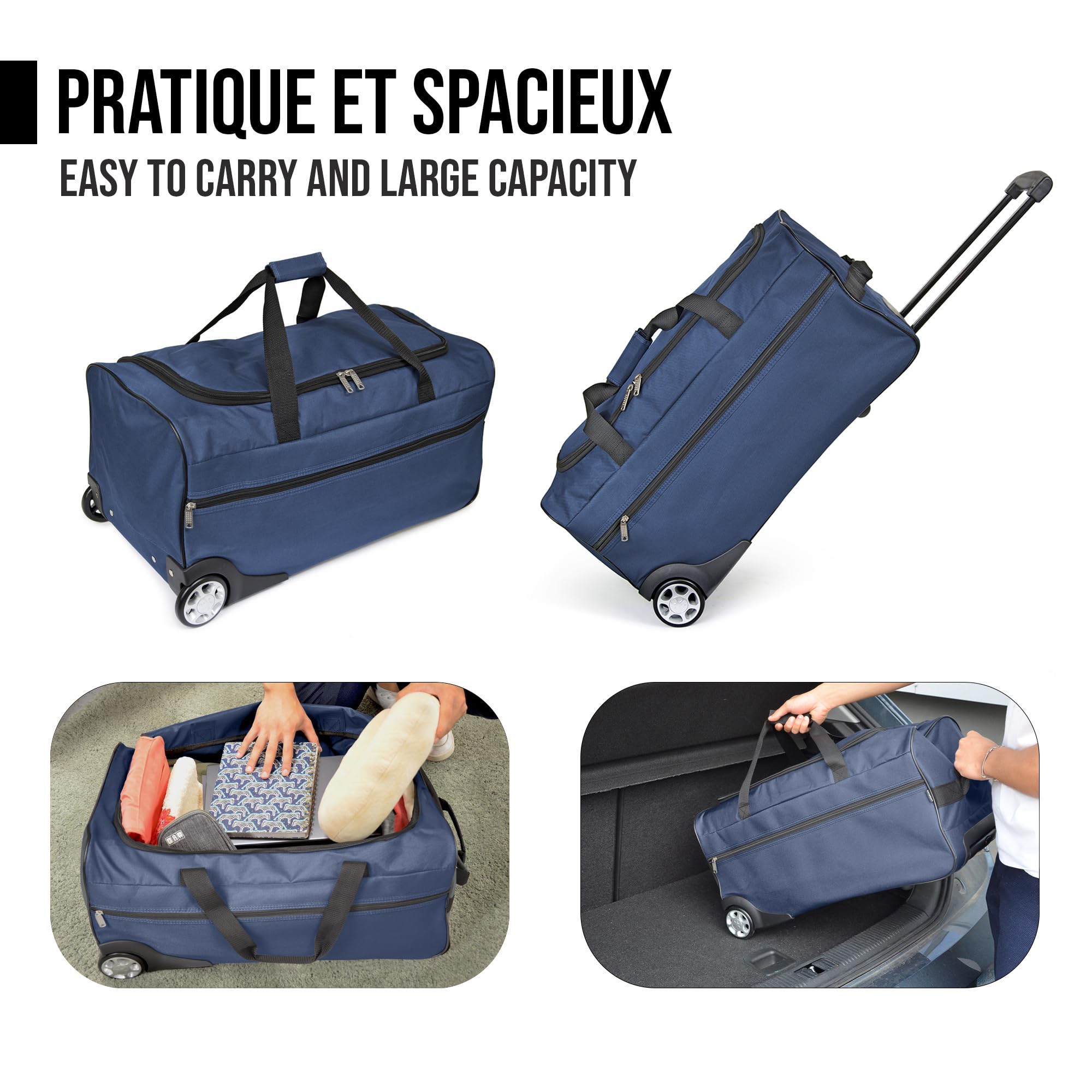 KINSTON Sac de Voyage Trolley Bleu - Grand Sac à roulettes & Canne Télescopique, Compartiment Principal Spacieux et Poche Latérale Zippée - Valise Bagage à Main Idéal pour Voyages et Week-Ends