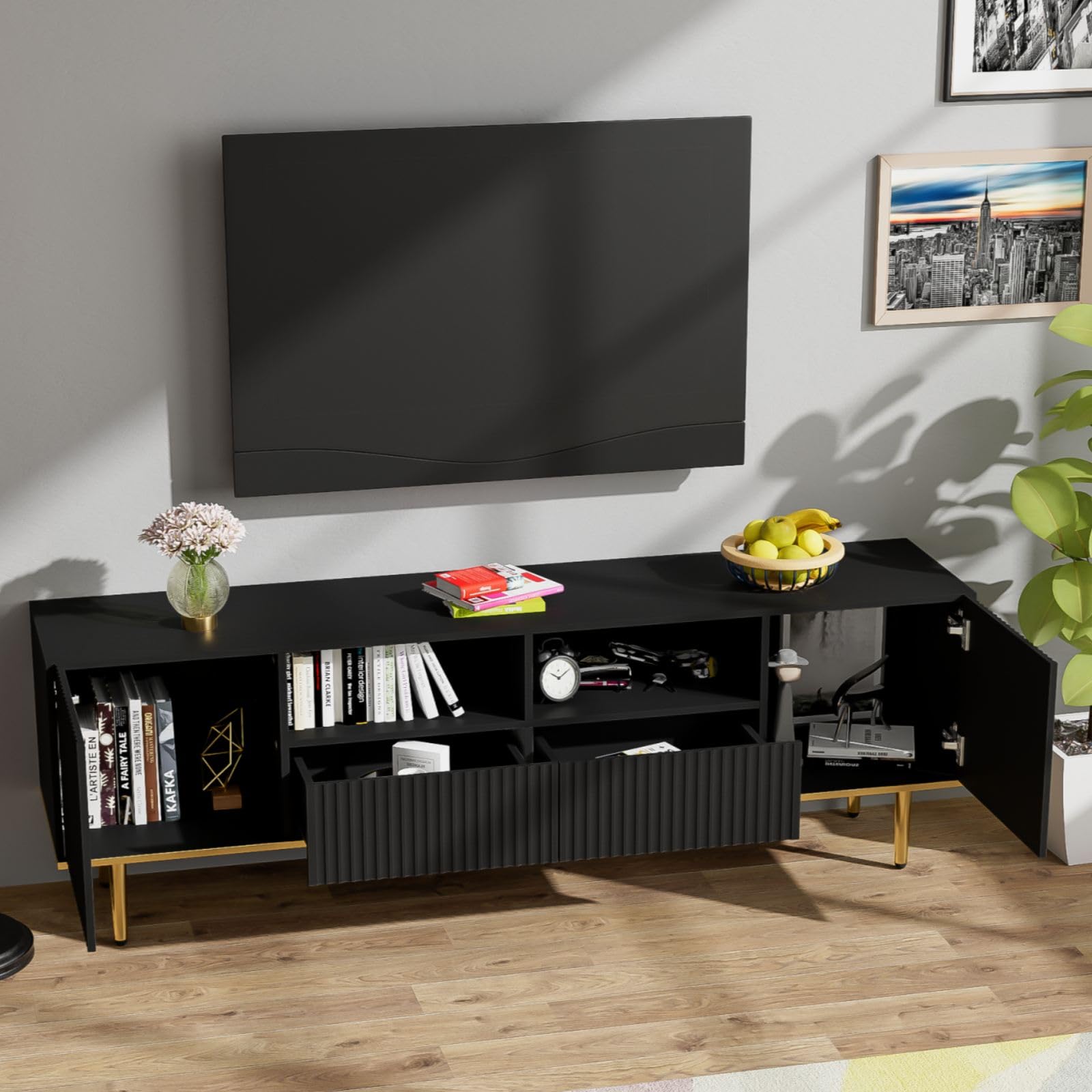 KOMHTOM Supporto per TV nero credenza TV mobile lowboard con cassetti e gambe dorate tv board per camera da letto soggiorno (nero+oro)