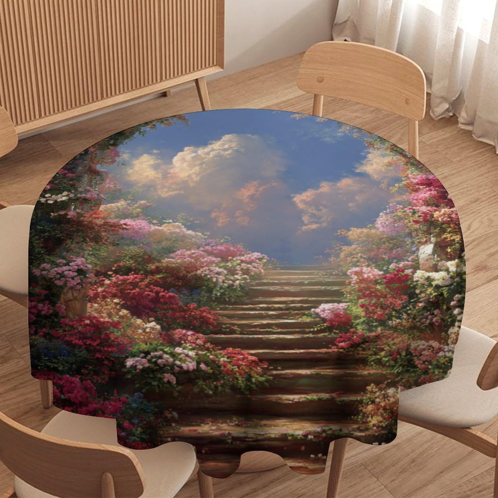 LUYYSKY Beautiful Realistic Castle Floral Arch Waterproof Round Tablecloth Rustic Classic Spring Garden Flower Plant Print Washable Table Cover for Kitchen-152.4" Wx152.4 L cm