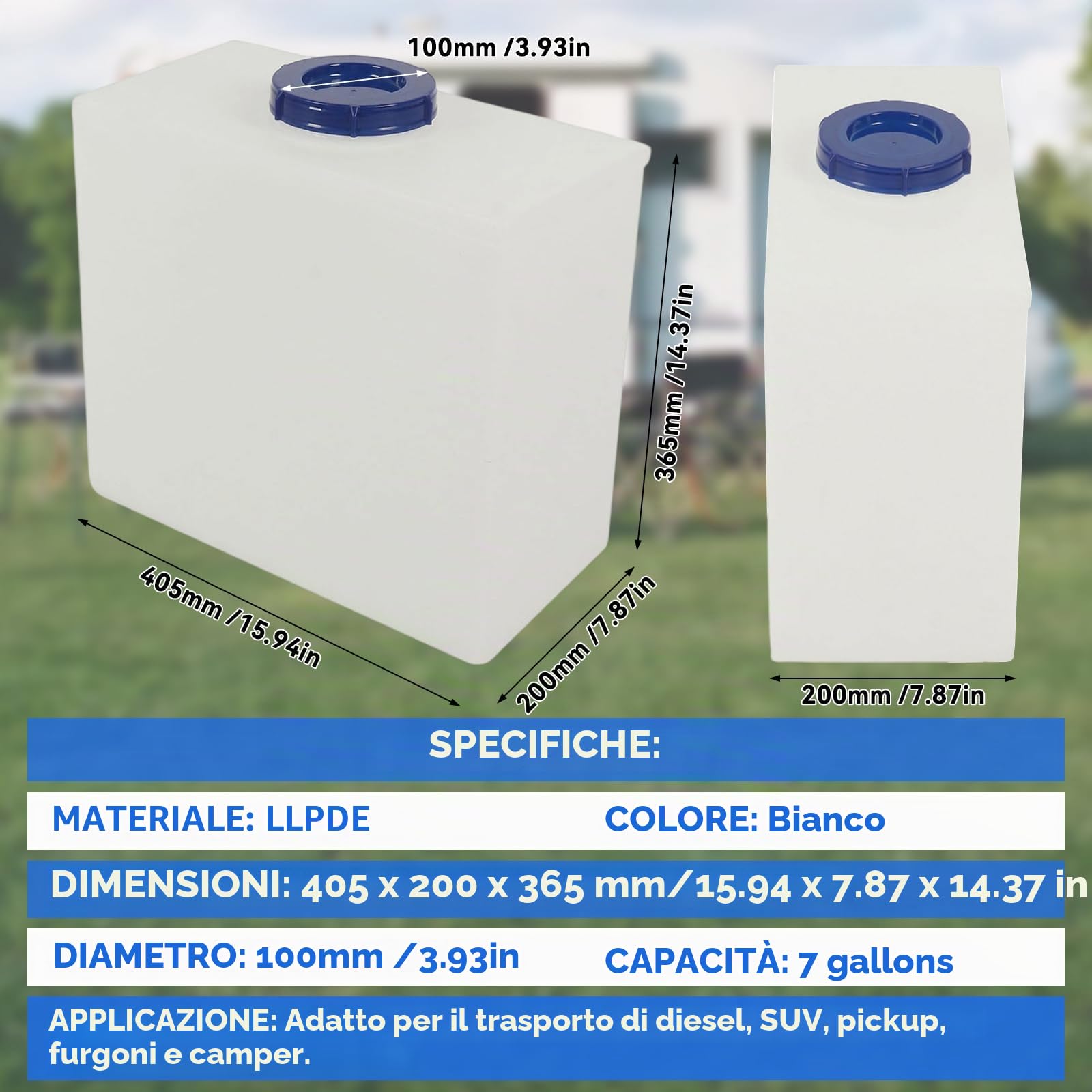 Serbatoio dell'acqua per camper da 7 galloni a prova di perdite LLDPE per uso alimentare 15,75x 14,17x 7,87 pollici Contenitore per acqua dolce per rimorchi Camper Barche