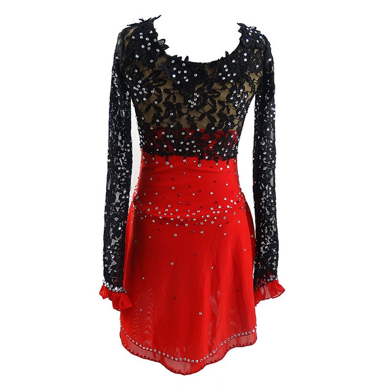 LIUHUO Eiskunstlaufkleid, schwarze Spitze, lange Ärmel, für Damen, Eiskunstlauf