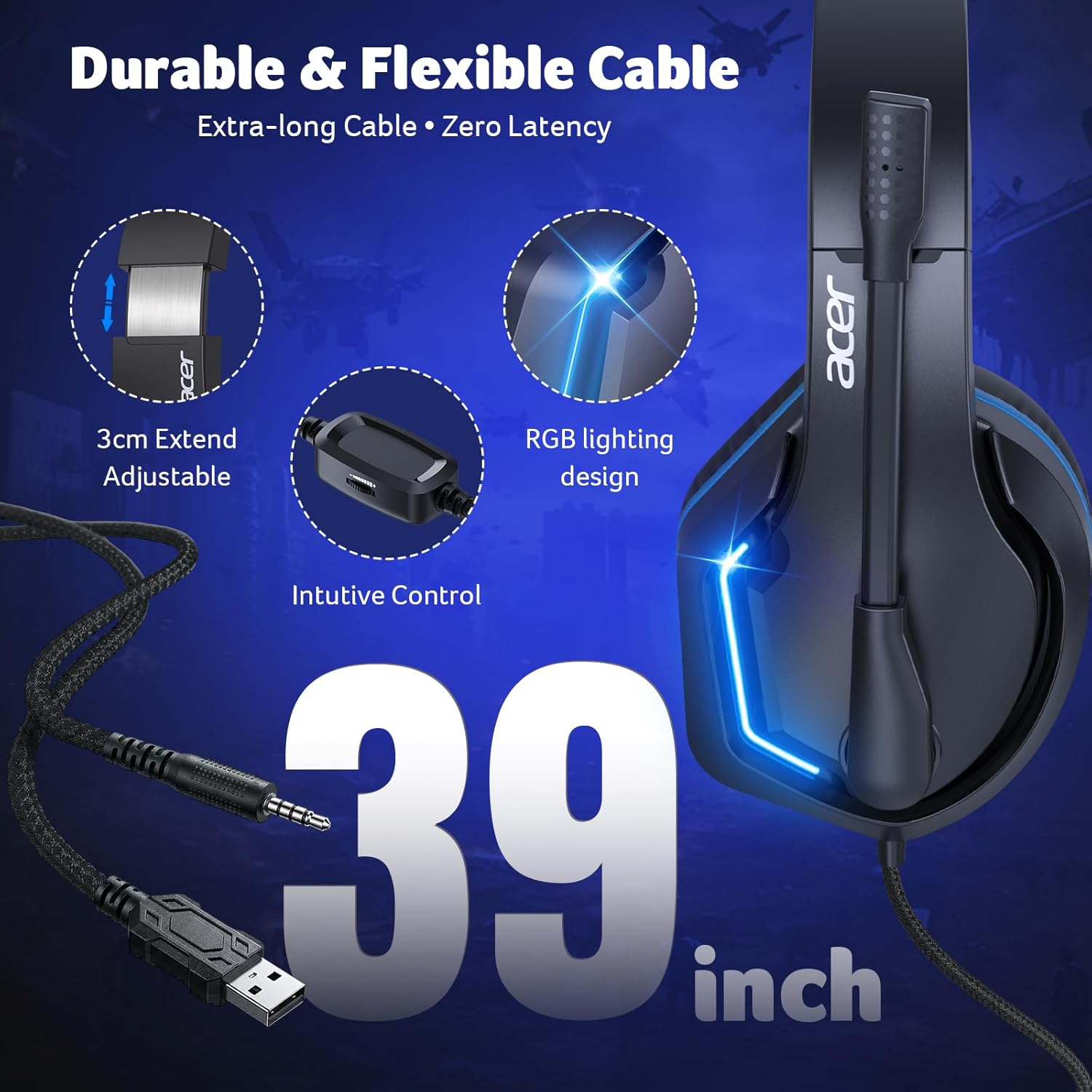 acer Wired Gaming Headset for PS5, PS4, PC, Xbox Series X|S, Switch, Gaming Headphones with Noise Cancelling Microphone, LED Lights &50mm Speaker, 3.5mm Jack for Gaming, Black