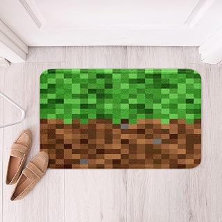 Manfei Pixelated Bath Mats,16Wx24L Inches | Video Games Gamepad Mats Rugs,Geometric Patchwork Bath Carpets Boys Girls Kids Bathroom Decor Green Brown