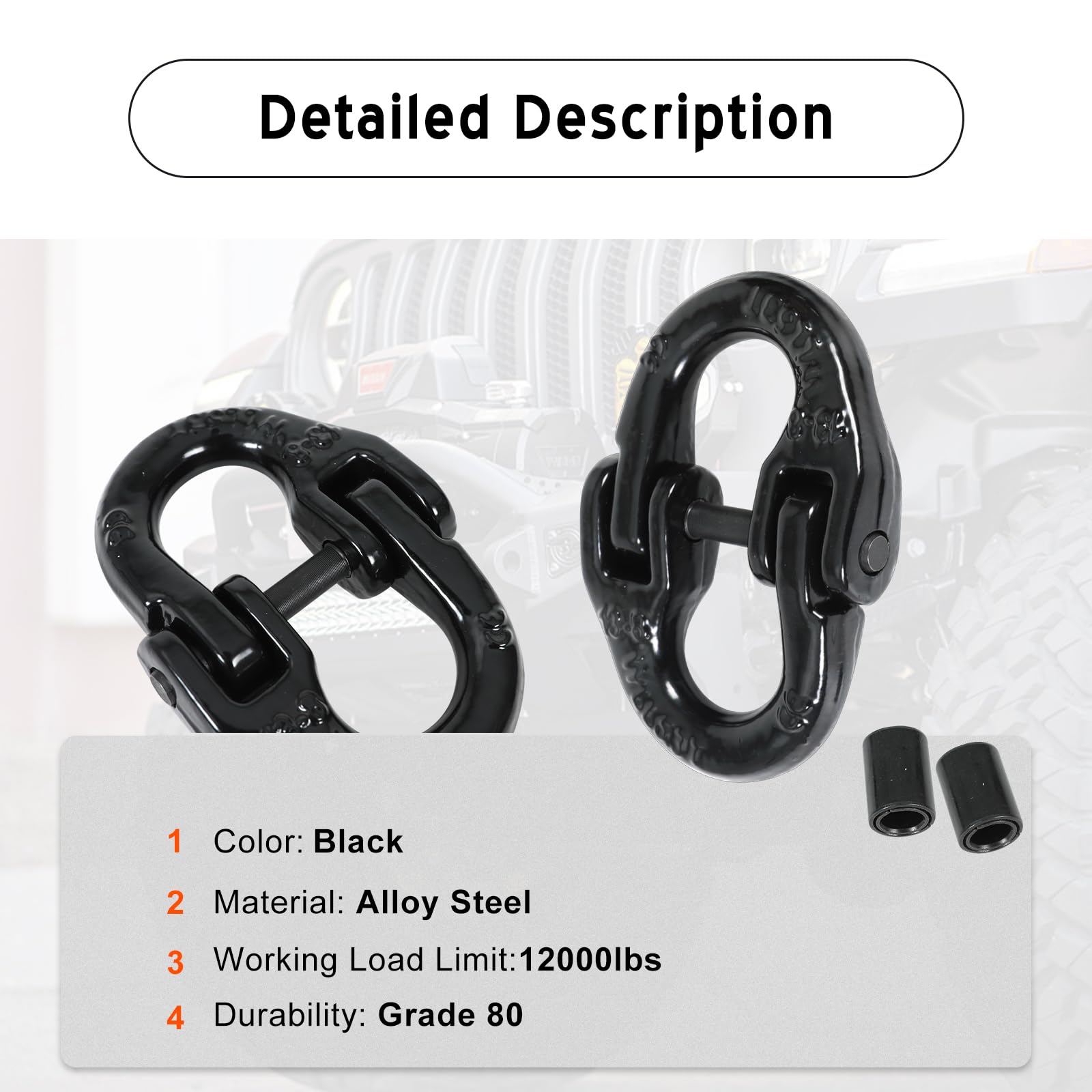 2 eslabones de Acoplamiento de 1,27 cm Grado 80, Enganche de Remolque, Bloqueo de Martillo de Cadena de Seguridad para camión, Color Negro
