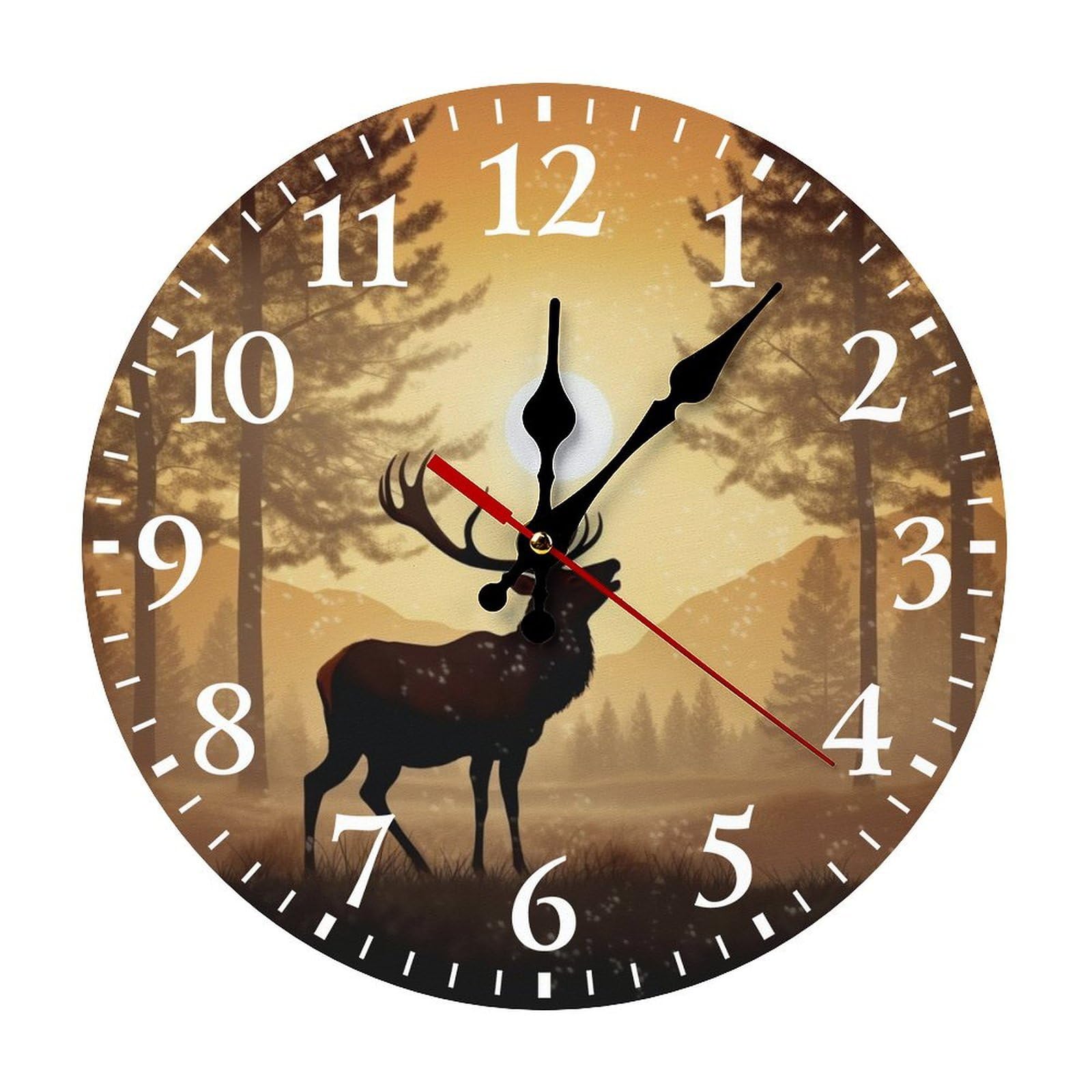 QMNLKH Elk Artwork Wall Clock for Home, Battery Operated Clock for Hotel, Round Wall Clock with Arabic Numerals White, Easy to Read, Non-Ticking Clocks for Living Room 25 * 25cm