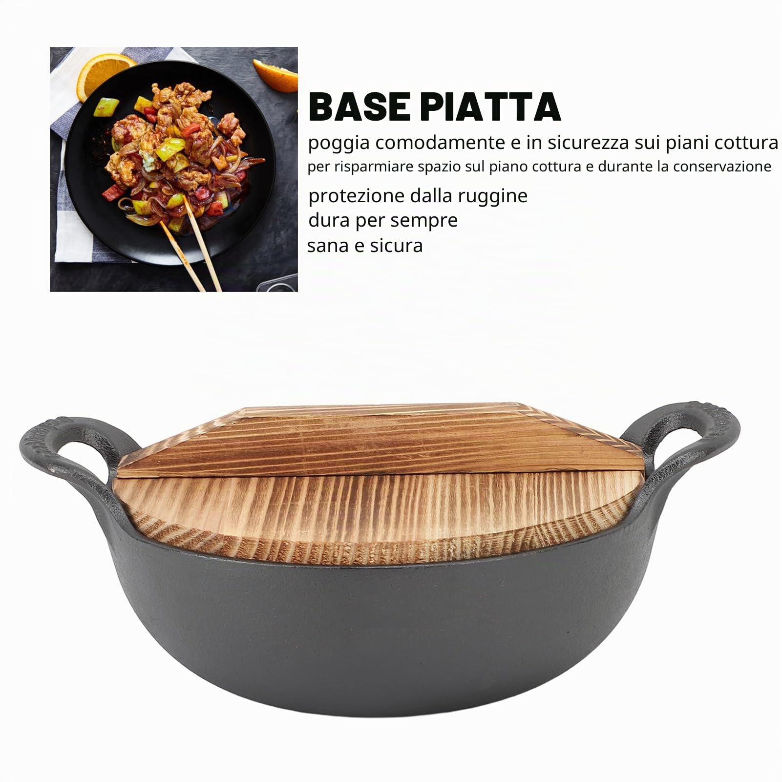 Padella wok con coperchio, in ghisa, con 2 manici, coperchio in legno con base piatta non rivestita per mescolare friggere grill a vapore autentico cibo asiatico cinese (25 cm)
