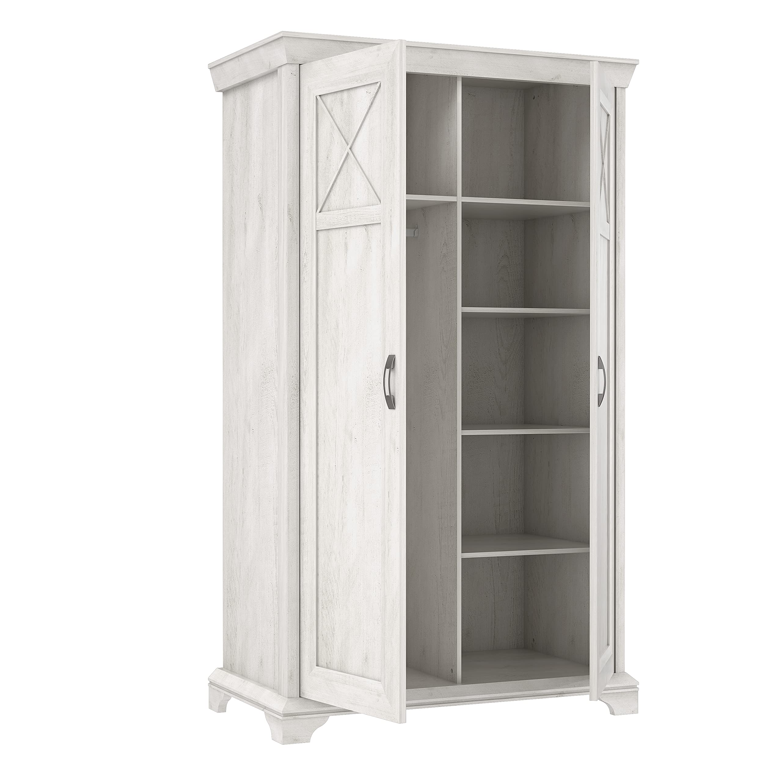 FORTE KASHMIR Schrank 120 130, Kleiderschrank Schlafzimmerschrank Landhausstil Drehtürenschrank 2-türig Einlegeböden und Kleiderstange, Holzdekor: Pinie Weiß, 123 cm breit x 210 cm hoch x 66 cm tief