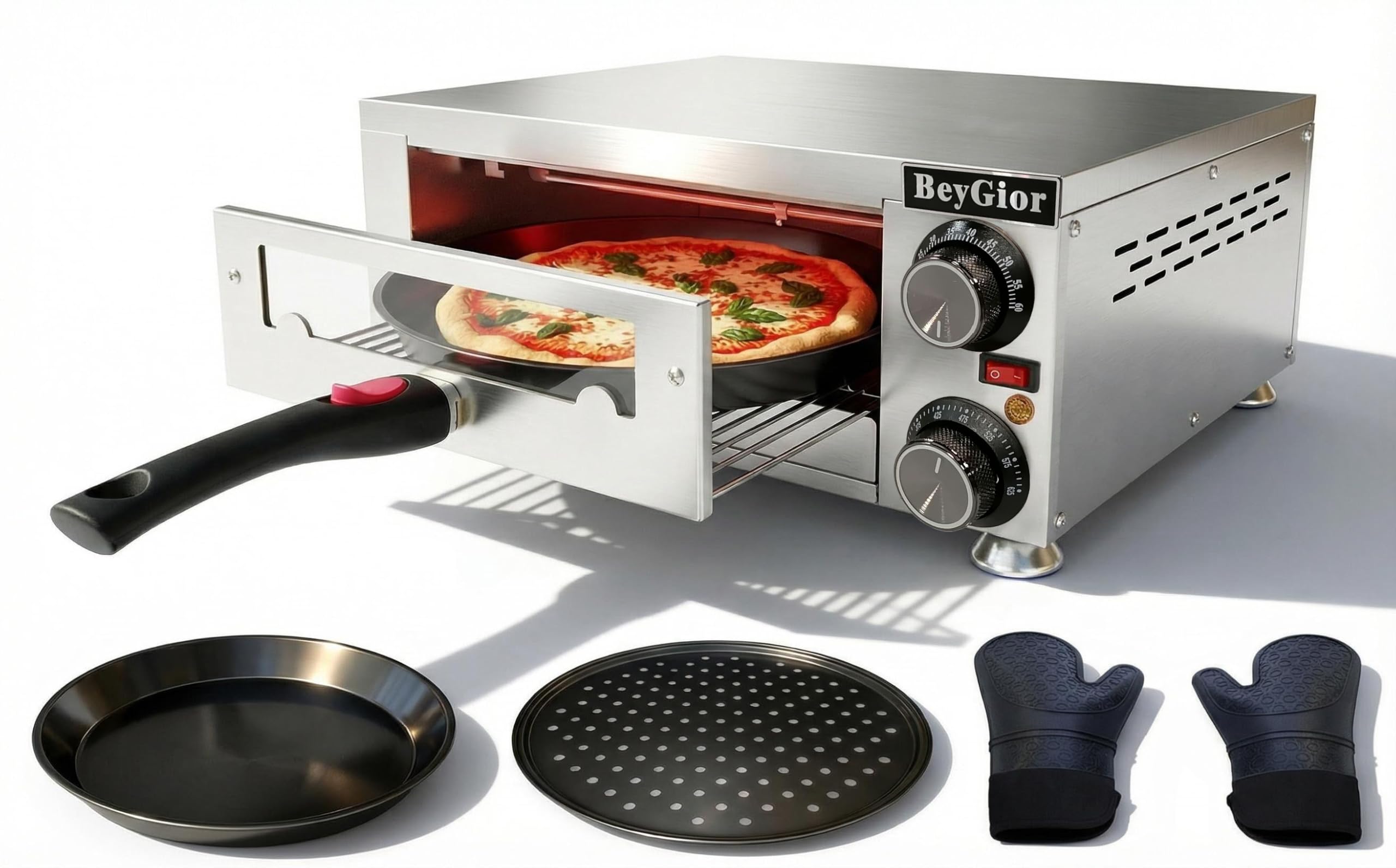Electric Pizza Oven Indoor,12 inch Countertop Pizza Maker with Viewing Window,Stainless Steel Commercial Pizza Oven, Removable Handle,Dual Baking Trays and Oven Mitts