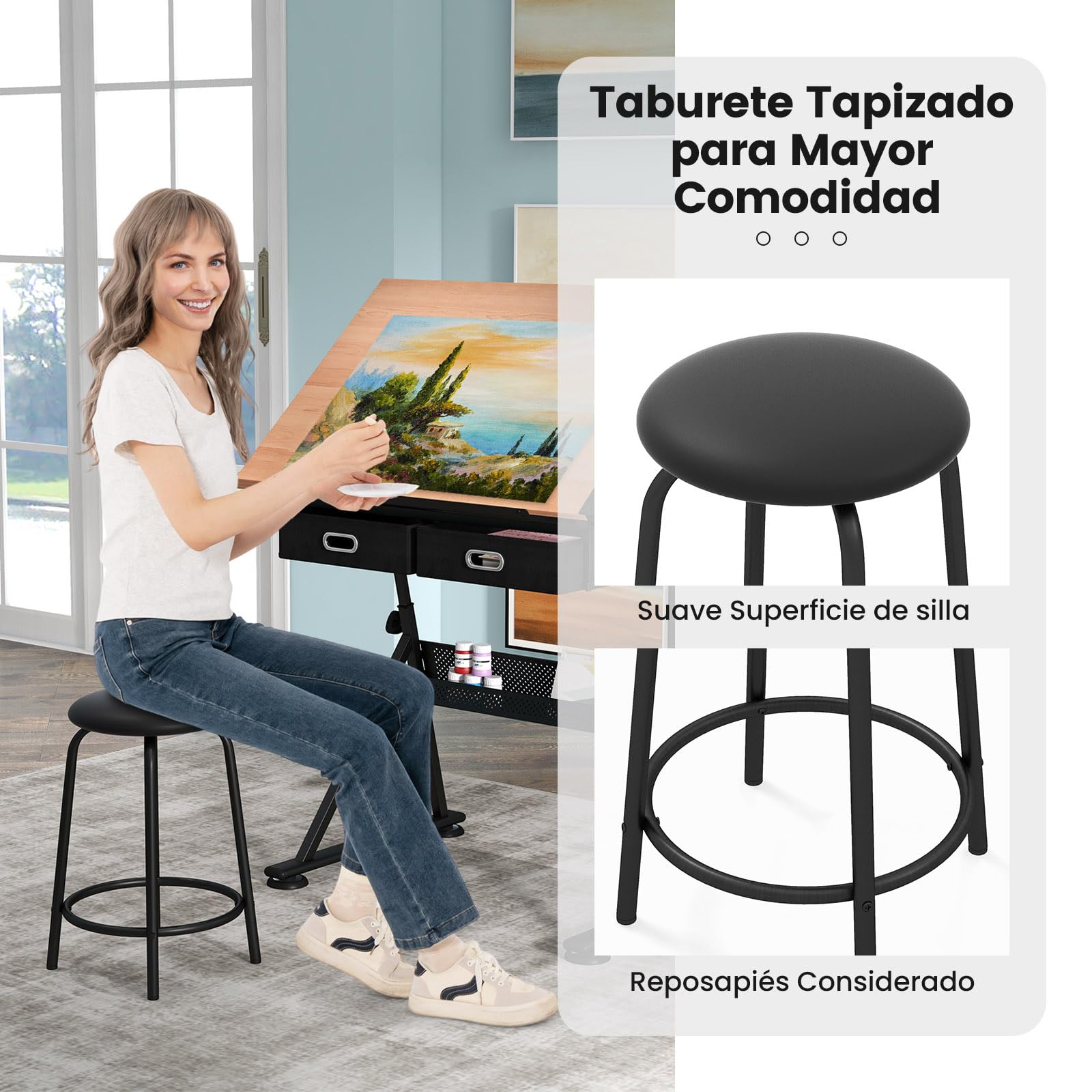 COSTWAY Mesa de Dibujo para Arte, Diseño Ángulo y Altura Ajustable, Escritorio para Oficina con Cajón Silla (Natural)