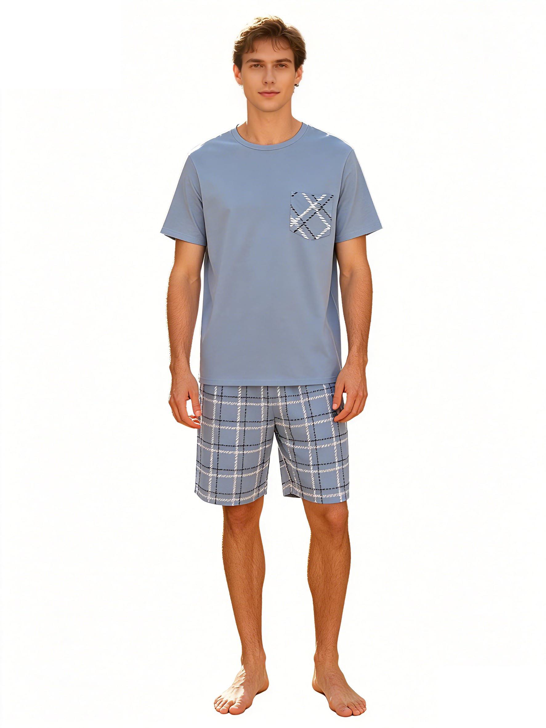 G.n Dreamer Men's Light Blue Pyjamas Shorts Set Cotton Crew Neck Pyjama Top Plaid Shorts Summer Loungewear Nightwear Soft Short Sleeve Pjs Sets