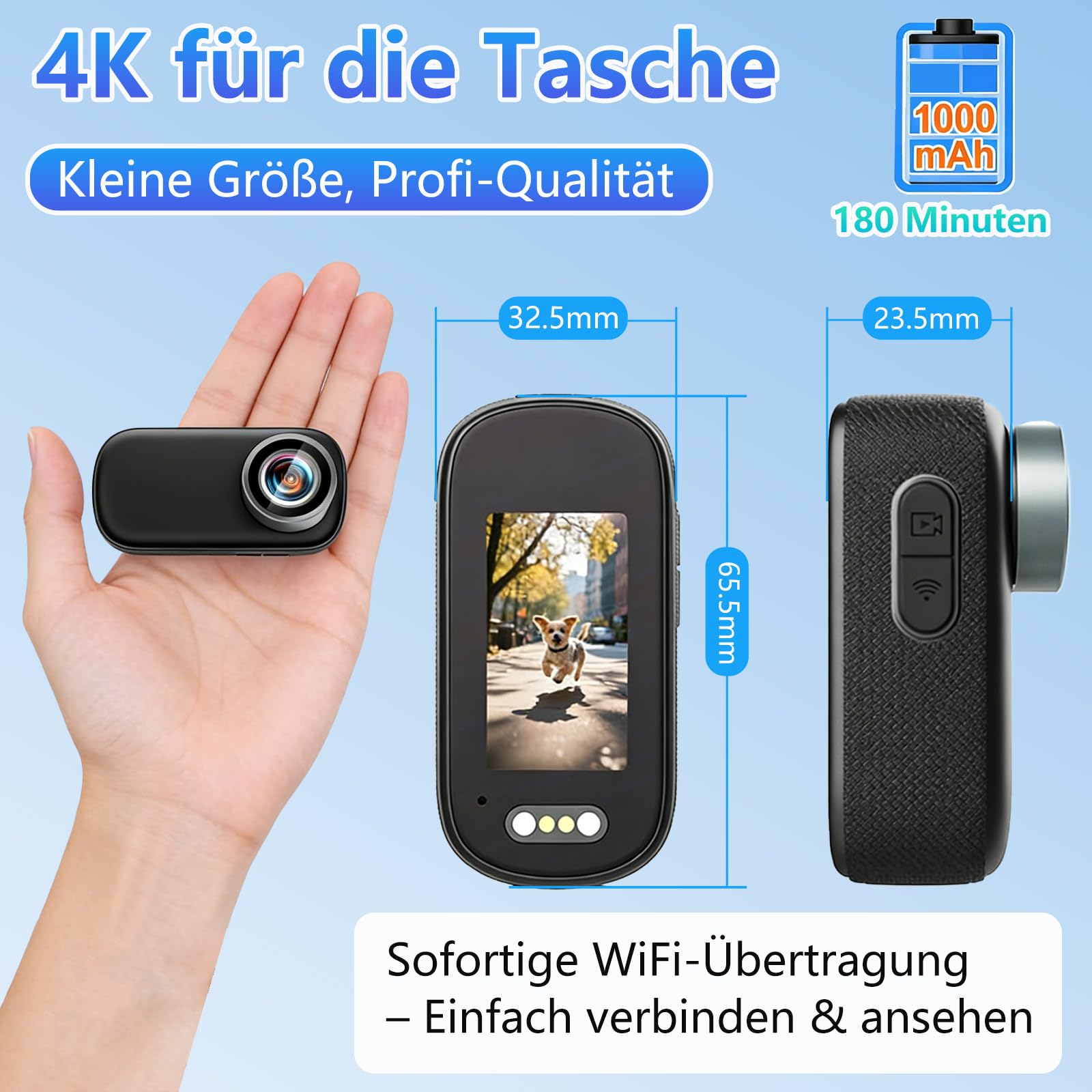 Mini Action Cam 4K WiFi mit Bildschirm und wasserfestes Gehäuse, 64GB UHD 150° Weitwinkel IP65 Bodycam, Tragbare Anti-Shake Helmkamera Motorrad für Sport & Outdoor-Aktivitäten (64G Card)