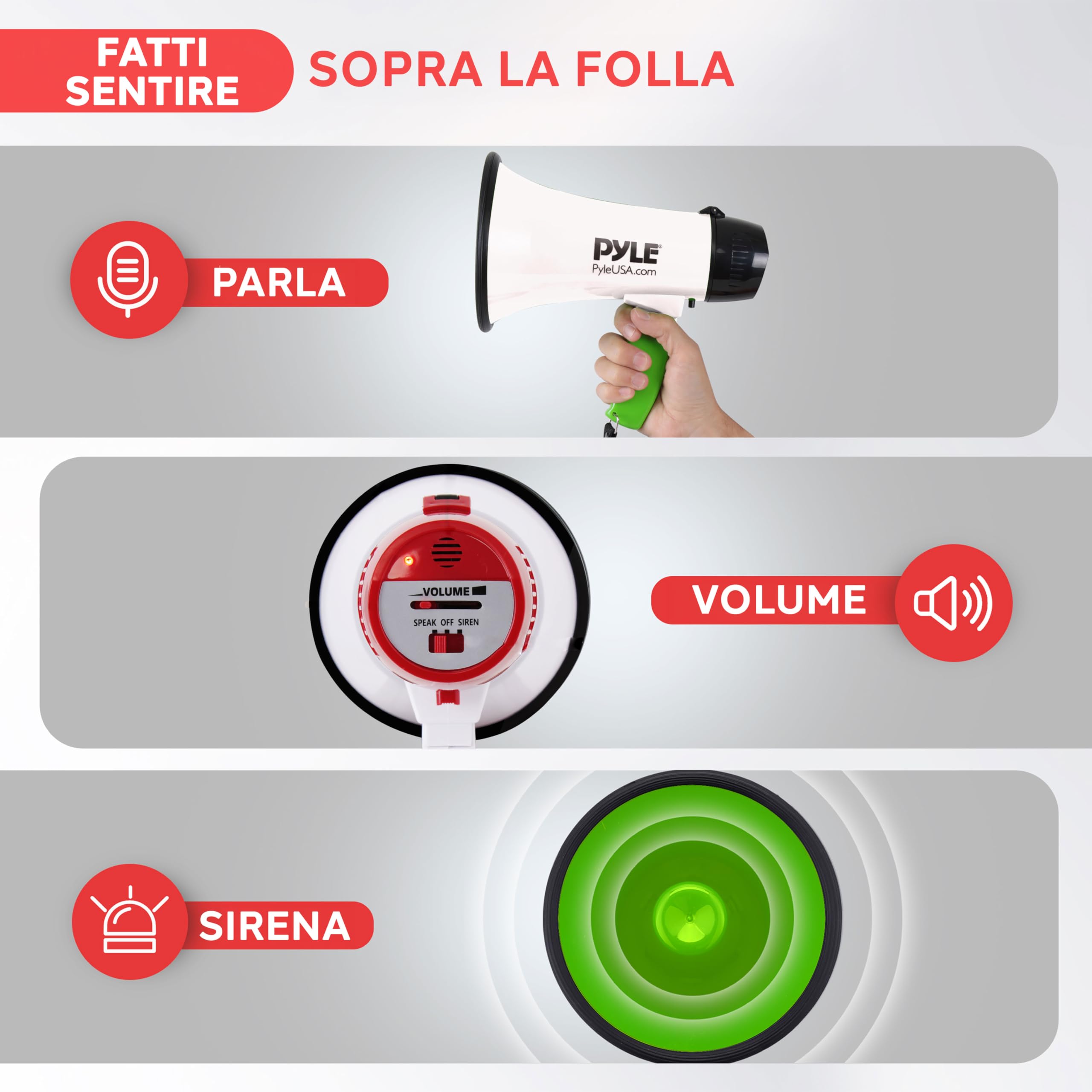 Pyle Megafono PA Bullhorn, Megafono Portatile 20 Watt e Controllo Volume Regolabile con Sirena Integrata & Portata di 730 Metri per Sport e Sicurezza