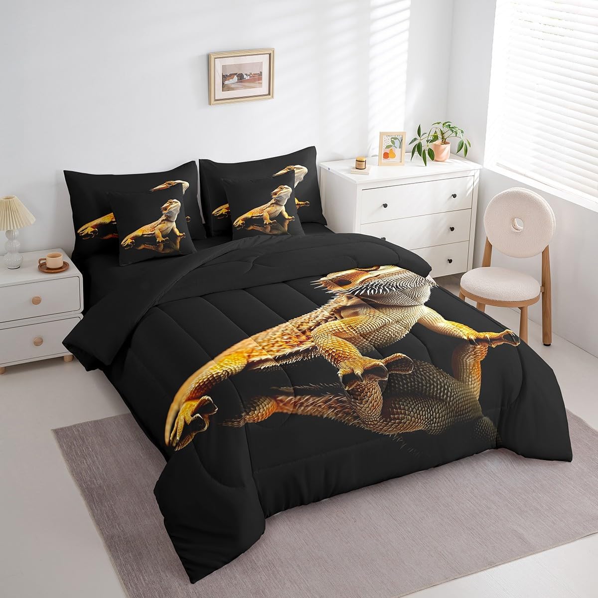 Bearded Dragon Comforter Set 7 Pieces Full Size Wild Lizard Bedding Set for Kids Wildlife Animal Bed in a Bag Women Men Ultra Soft Decor Bed Set with Comforter, Sheets, Pillowcases & Cushion Cover