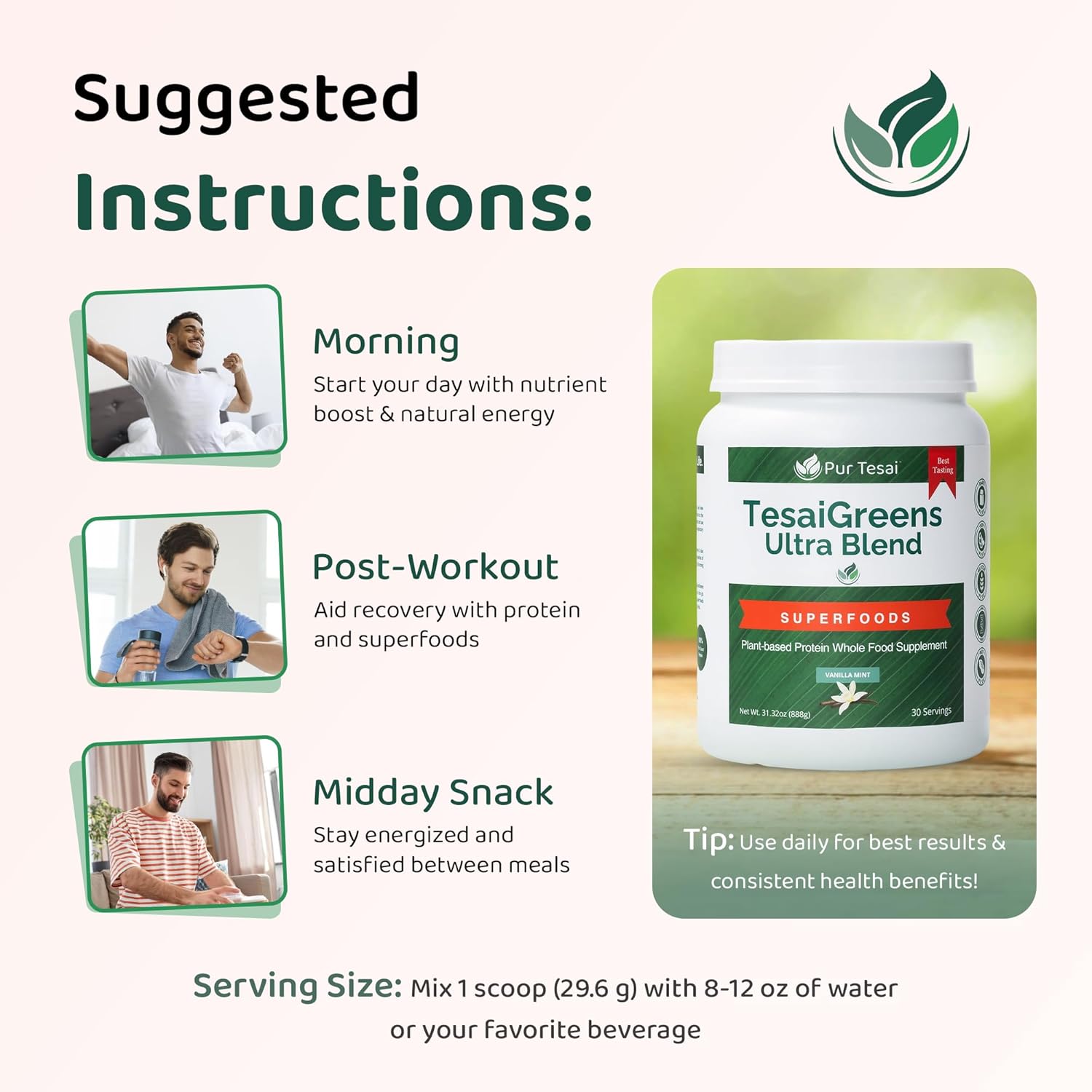 TesaiGreens Ultra Blend Superfood Nutritional Powder, Plant-based, 16g Protein, 7 Billion Probiotics, Vitamins, Mushrooms & Adaptogen, Energy, Immunity & Gut Health Support, Meal Replacement - Image 5