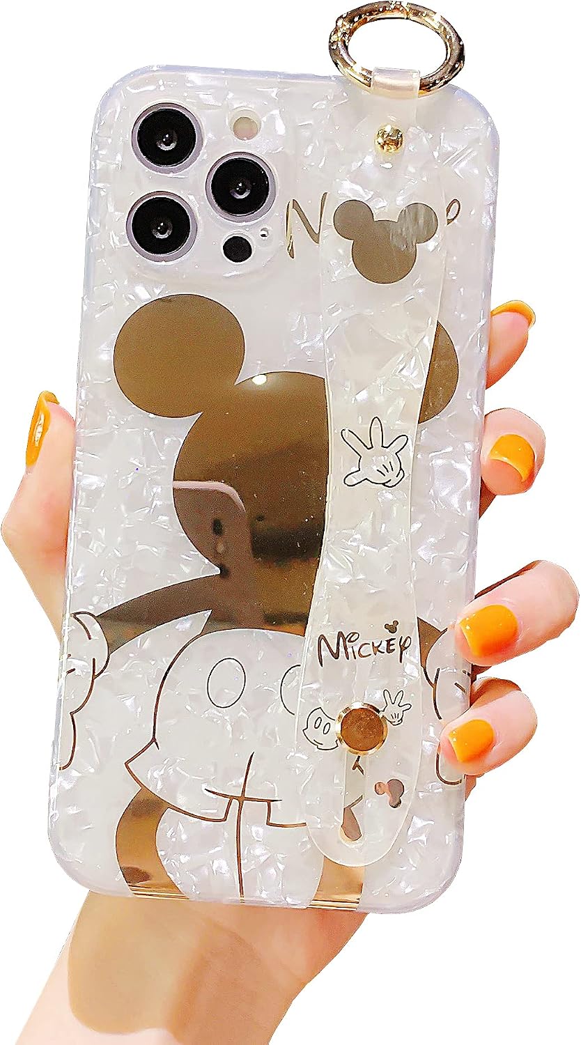 Danzel Cute Case for iPhone 12 Pro Max 6.7", Cartoon Mickey Mouse Sparkle Bling Cover, Wrist Strap Kickstand Soft TPU Shockproof Protective for Women Girls (Phone 12pm)