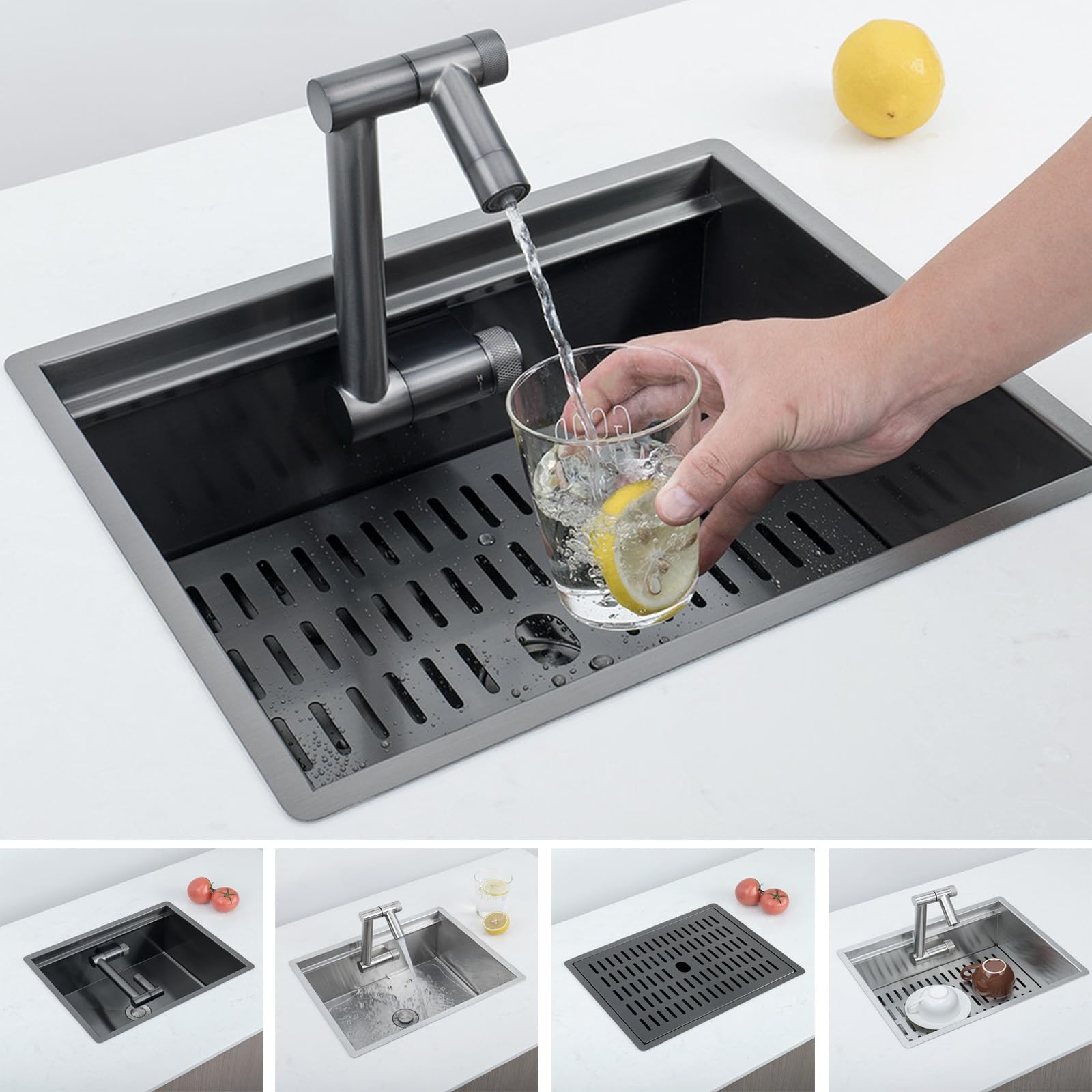 Fregadero para caravana, fregadero de acero inoxidable 304 con tapa, grifo plegado 3 en 1 para caravana, caravana, barco, bar