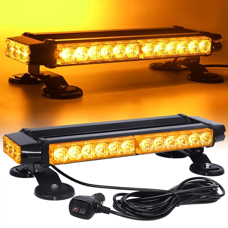 LED Strobe Flashing Light Bar with Magnetic Base, Amber | Aluminum Double Side 30 LED Emergency Hazard Warning Beacon Strobe Lights for Snow Plow Construction Vehicles trucks
