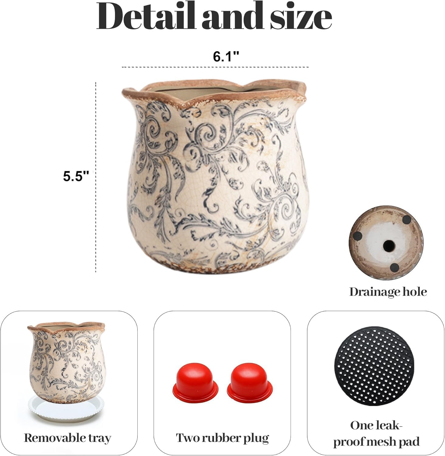 Vintage Ceramic Planter, Vintage Planter Pot with Floral Edges, Ice Crack Flower Pot with Drainge Hole Decorative Planter for Indoor and Outdoor Tuscan Decor Vase Gardening Gift