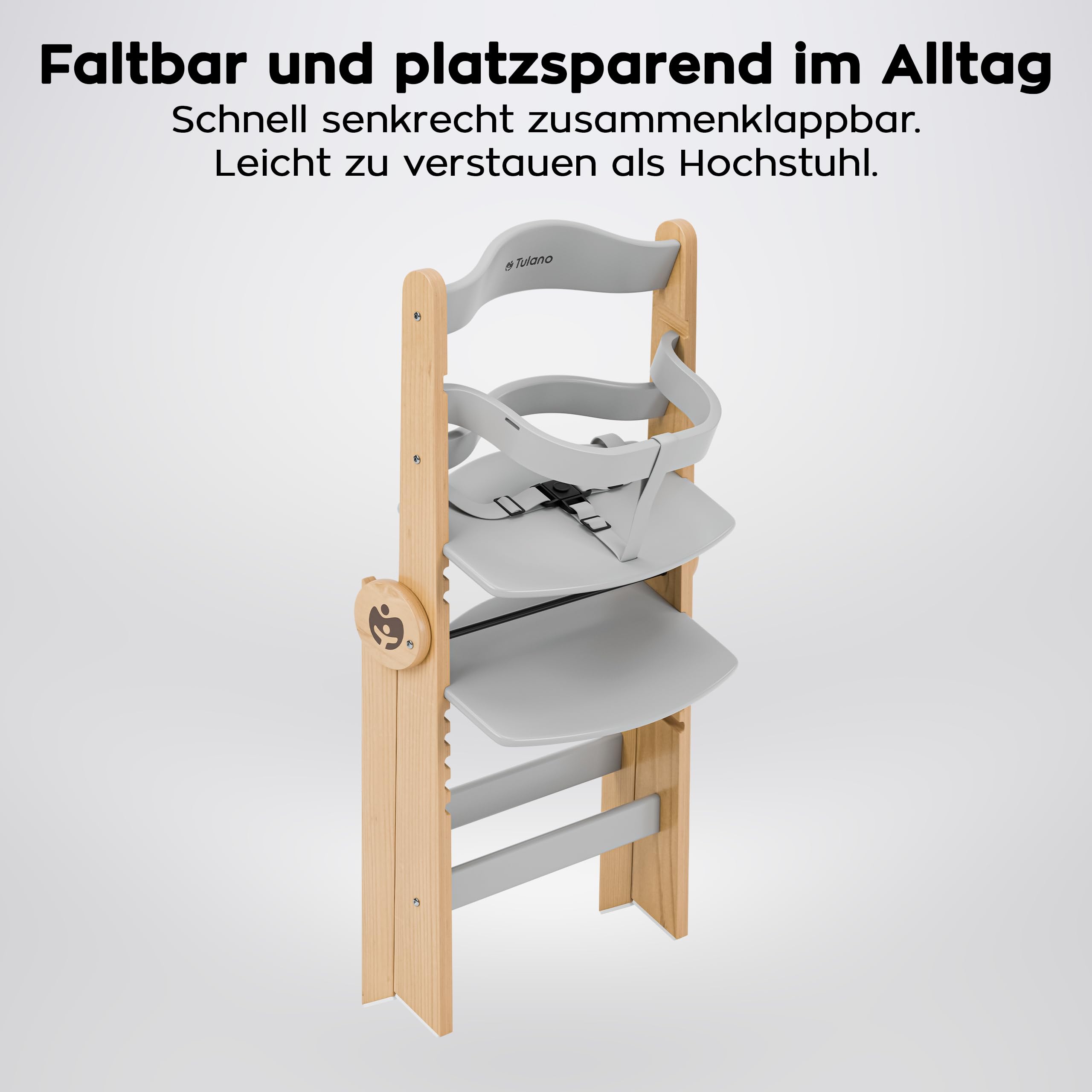 Tulano Morsel 45 Babyhochstuhl 4in1 aus Holz - Klappbar & mitwachsend | 3-Punkt-Gurt - Schutzbügel - Essbrett spülmaschinenfest - Rutschfeste Füße - 6 Monate bis 12 Jahre - Bis 40 kg - Grau