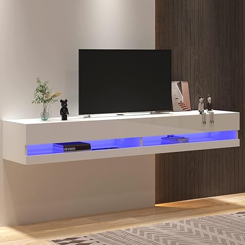 Miniatura 4 de St.Mandyu Soporte flotante de TV para televisores de hasta 85 pulgadas, centro de entretenimiento moderno de 71 pulgadas con luces LED y tomas de
