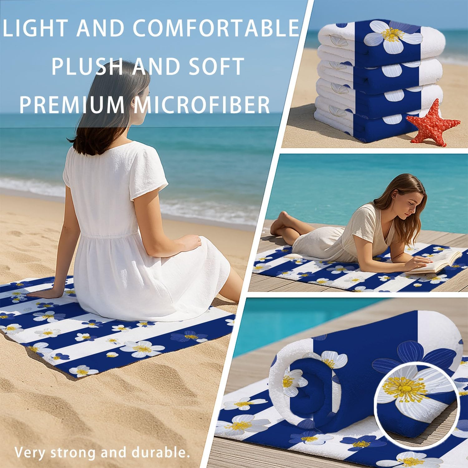 Générique Serviette de Plage Microfibre 230 x 210 CM,Drap de Plage Français, Nautique, Élégant, Couverture de Plage Absorbante,Couverture de Bain Rayures, Fleurs