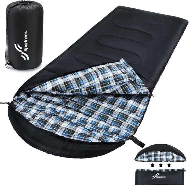 Sac de couchage, Sportneer Sacs de couchage pour adultes 33.5" Large 3-4 Saison Camping Sac de couchage XL Cool Cold Weather Flannel Sacs de couchage avec capot amovible pour le camping en voiture de plein air