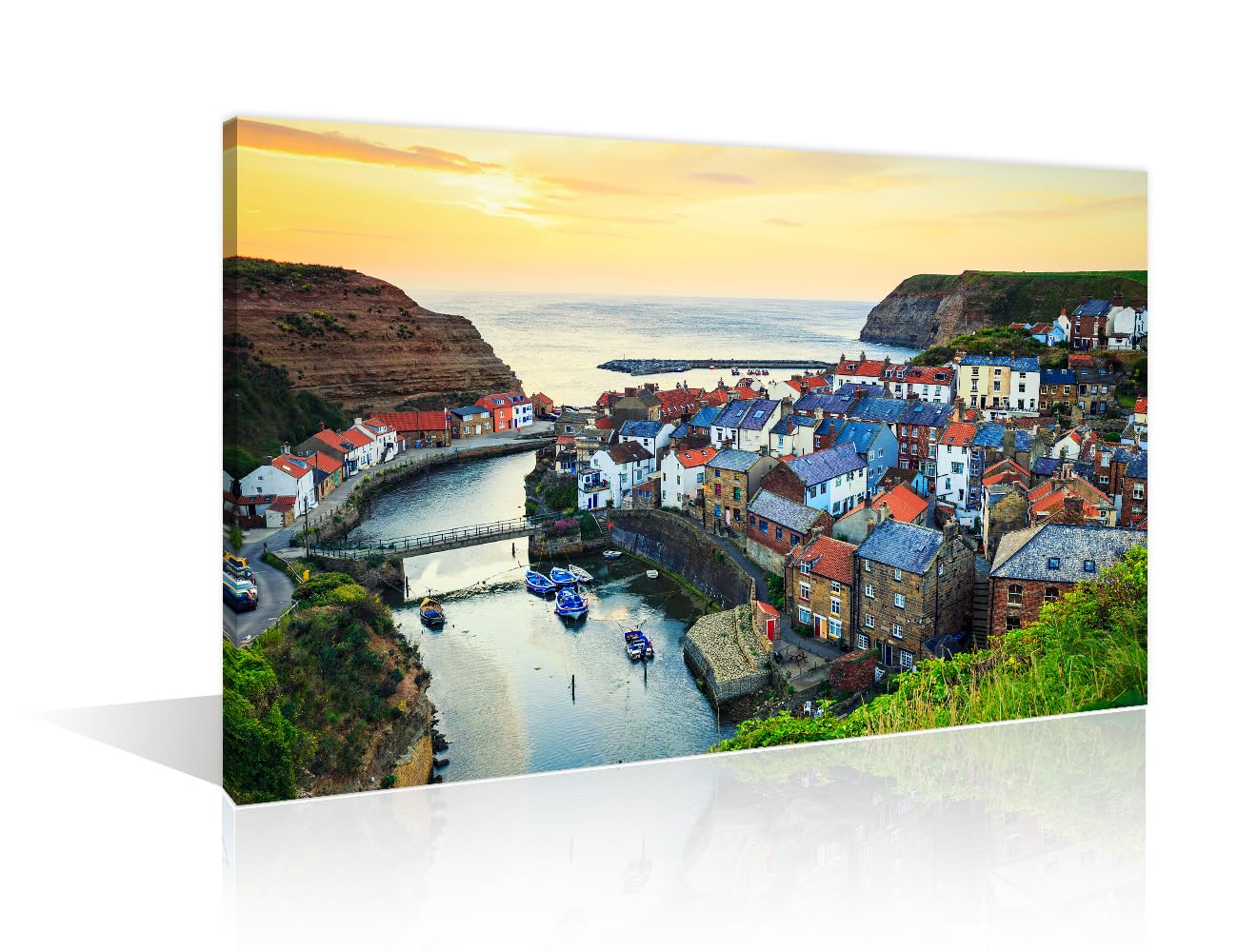 1 Panel Staithes Sunrise Yorkshire UK Natural Landscape Black and White Wall Art Historical Building Pictures Wall Decor for Living Room Wall Decor for Bedroom Framed Ready to Hang (12"Wx18"H) โ image 1