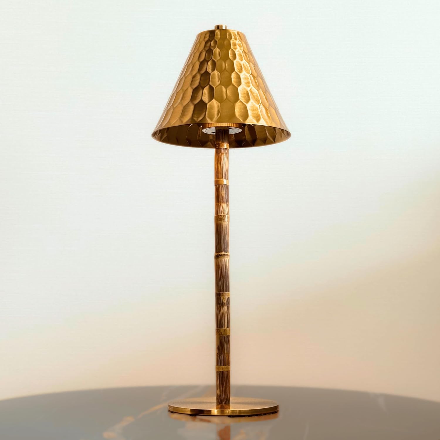 Bamboo Cordless LED Table Lamp – Rechargeable 24-Hour Battery, Dimmable Warm Light, 15" Portable Wireless Lamp with Remote for Indoor/Outdoor Use, Home, Patio, Restaurant – Textured Gold