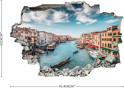 Miniatura 3 de Calcomanía de pared con diseño del canal de Venecia de Barcos Italia, diseño de paisaje 3D, extraíble, PVC, divertido arte de pared, decoración del
