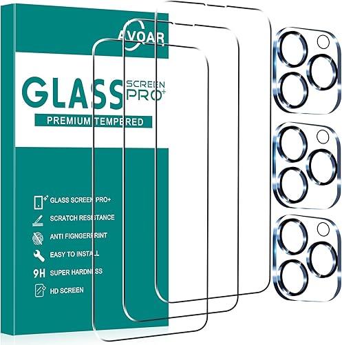 Paquete de 3+3 protectores de pantalla de vidrio para iPhone 15 Pro Max con protector de lente de cámara, película de vidrio templado transparente