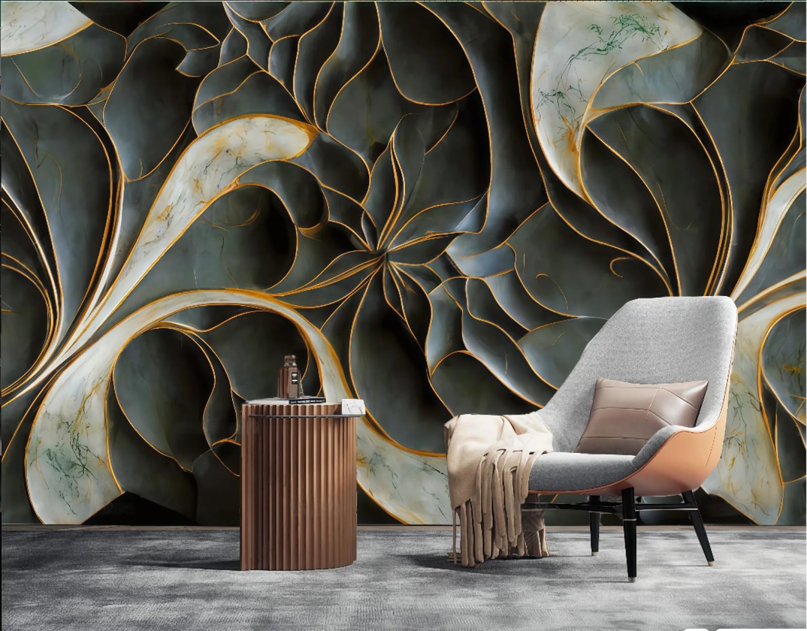 Tapeta nowoczesna trójwymiarowa złota linia rzeźbiona relief abstrakcyjny szmaragdowy zielony marmurowy wzór TV sofa tło tapeta ścienna salon restauracja kawiarnia mural, 3D, 250 x 175 cm