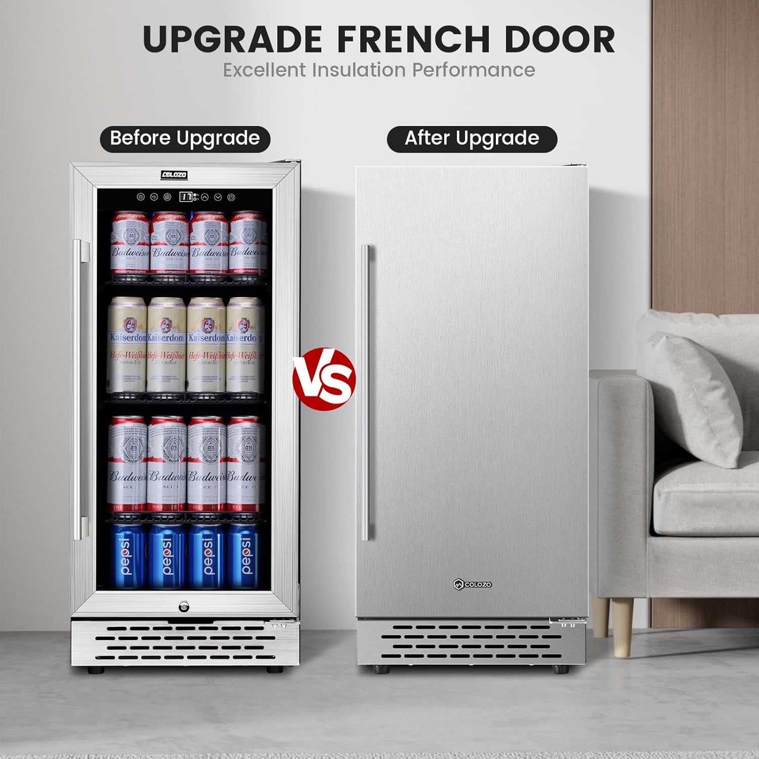 15 Inch Beverage Refrigerator, Stainless Steel Beverage Fridge, Under Counter Beer Mini Fridge, Indoor/Outdoor Refrigerator for 130 Cans, Beverage Cooler for Patio/Kitchen/Party
