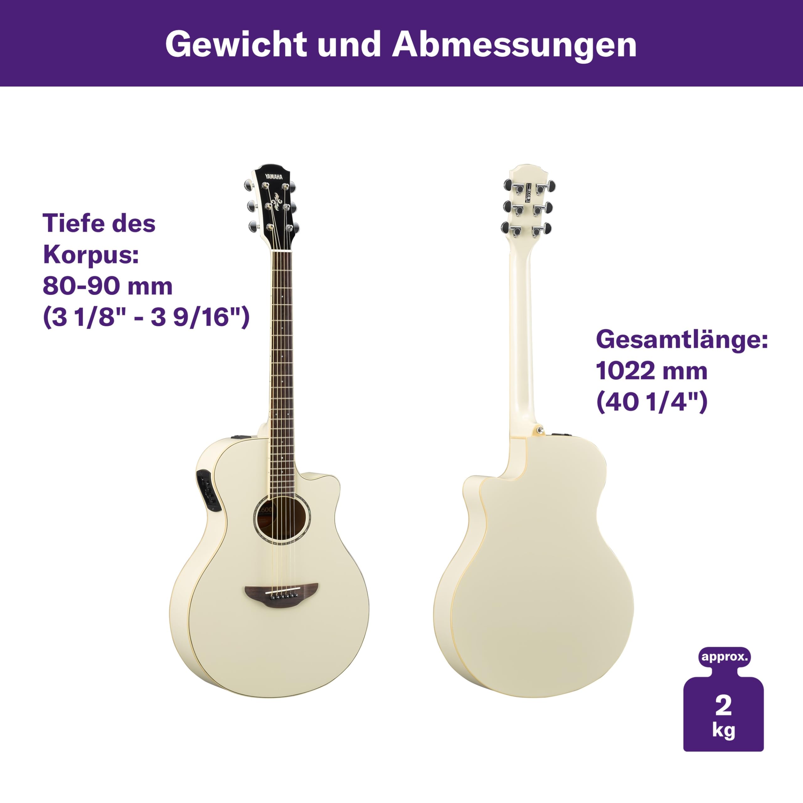 YAMAHA APX600 Elektroakustik-Gitarre – Schlanker Thinline-Korpus, 25" Mensur, System65 Tonabnehmer, 3-Band EQ, Integriertes Stimmgerät, Ovales Schallloch – Vintage White
