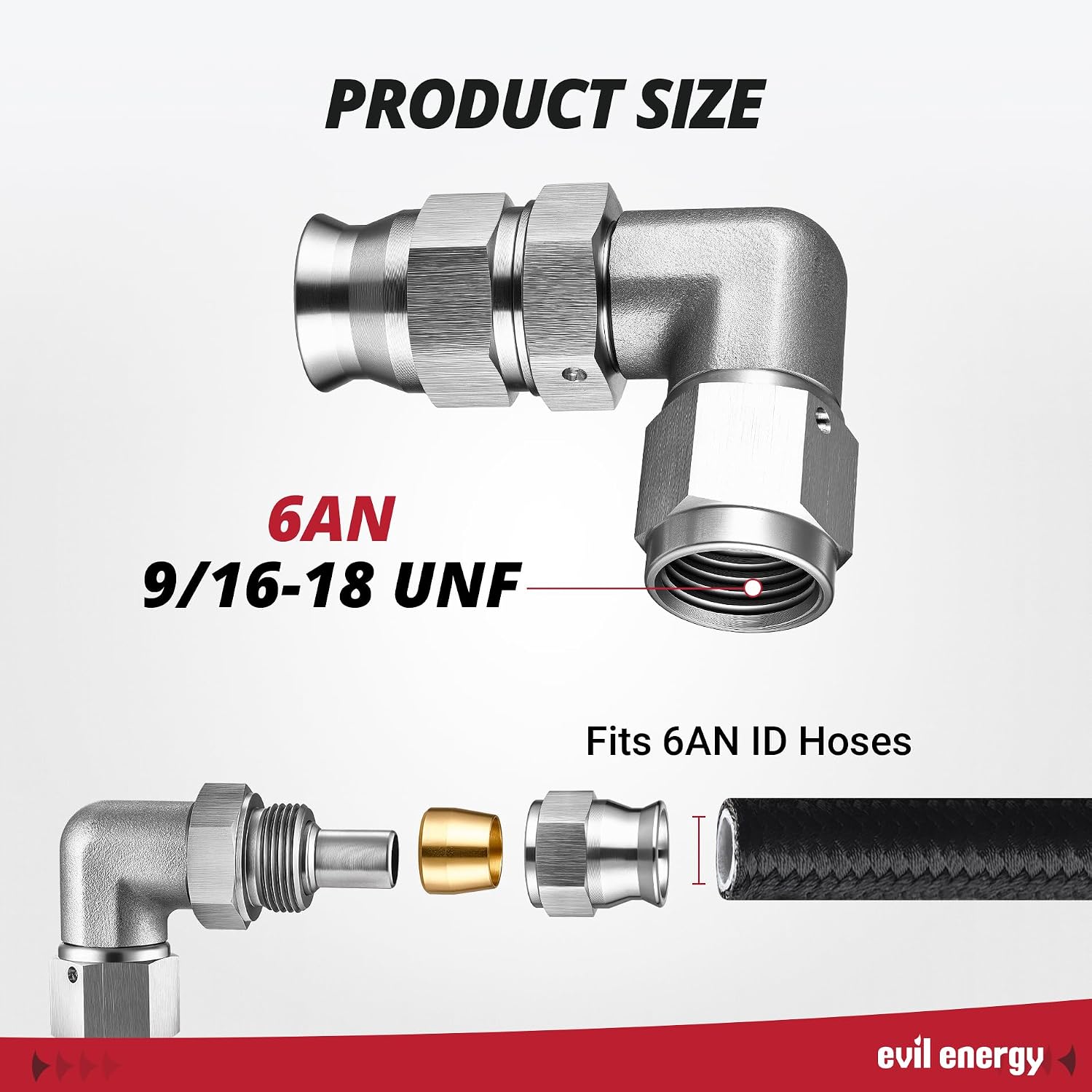 EVIL ENERGY Stainless Steel 6AN PTFE Hose End Fitting, 6AN 90 Degree Fitting for PTFE Hose Only, Silver