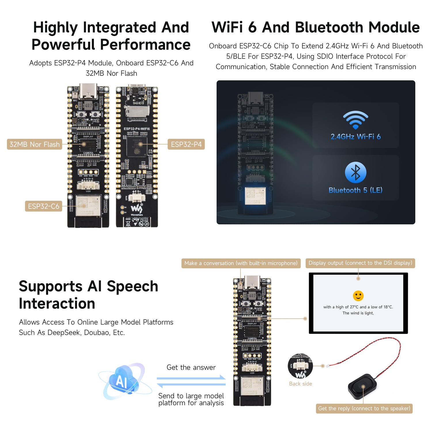 Waveshare ESP32-P4-WIFI6-KIT-B(with RPi Camera & 10.1inch DSI Touchscreen), High-Performance Development Board, Based On ESP32-P4 and ESP32-C6, Supports Wi-Fi 6 and BT 5 / BLE