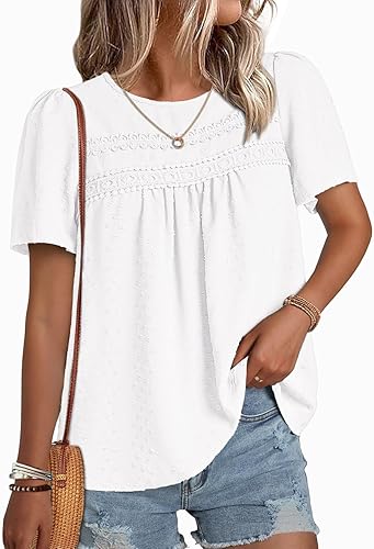 NORACORA Womens Short Sleeve Tops Summer Crewneck Shirts Casual Chiffon Blouses Flowy Lace Hem Boho 2026 Trendy Clothes