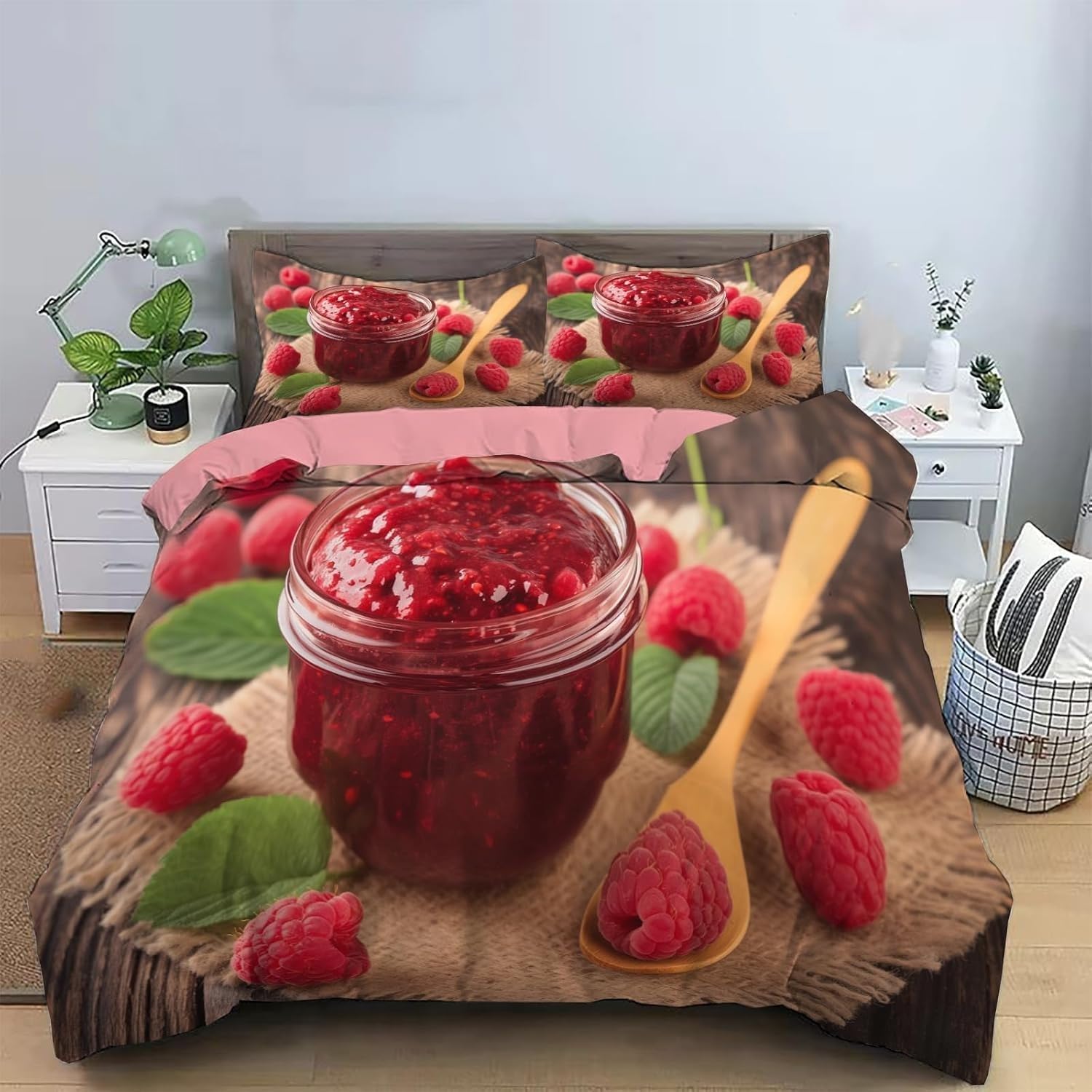 Himbeere Bettwäsche 220 x 240 Himbeermarmelade Bettwäsche-Sets 3-TLG Set Bestehend Aus 1 Bettbezug und 2 Kissenbezügen 80 x 80 cm Aus Weich Microfaser Mit Meißverschluss