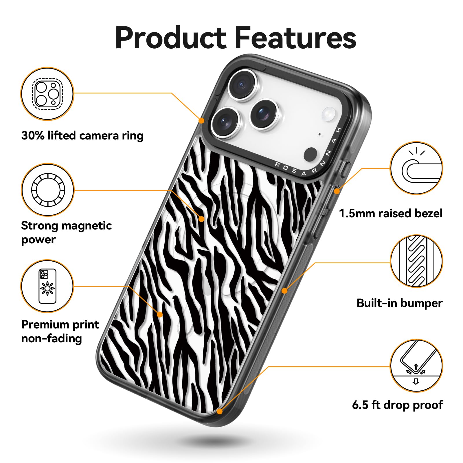 Rosarnnah Bonita funda para iPhone Pro, compatible con Magsafe, duradera, a prueba de golpes, caída de 6.5 pies, divertido diseño de cebra negra para iPhone Pro (6.3 pulgadas), color negro