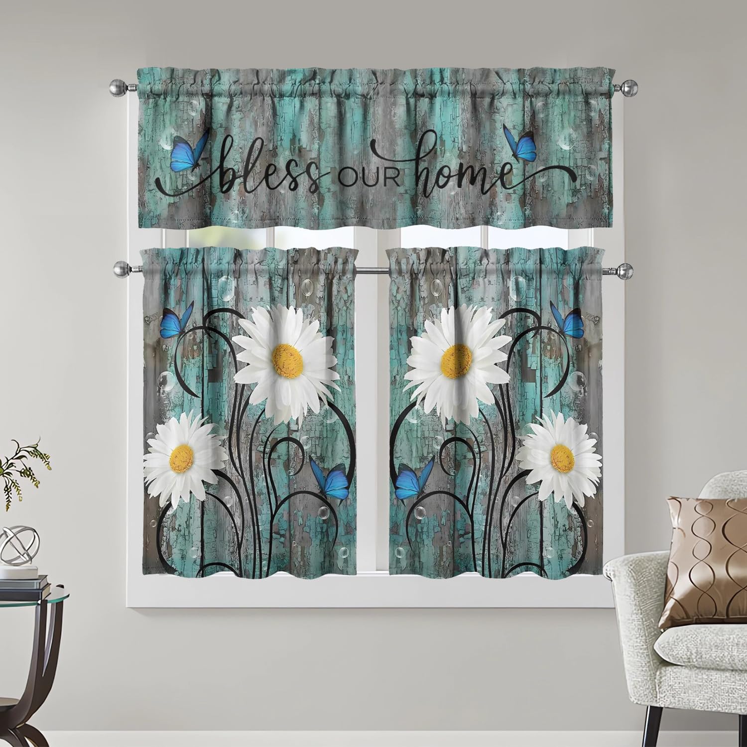 Daisy Kitchen Curtains 3 Piece Set Tier Valance Window Decor