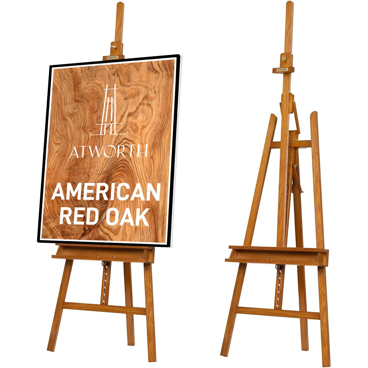 American Oak Inclinable Studio Art Easel, Hold Canvas up to 48", Deluxe Wooden Large Adjustable A-Frame Lyre Style Floor Painting Easel Stand with Storage Tray, Walnut Finish