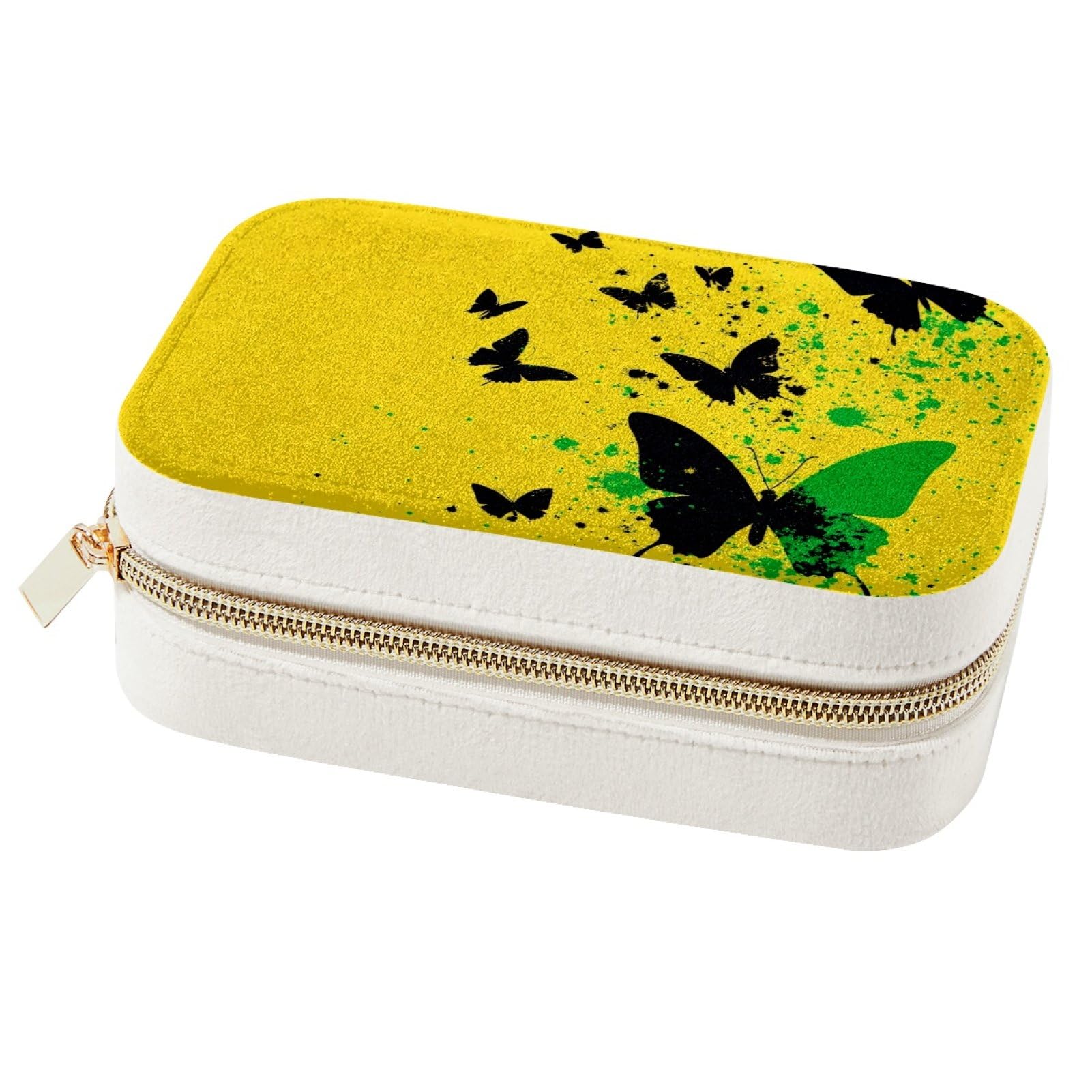Boîte à bijoux portable jaune et motif papillon pour rangement de boucles d'oreilles