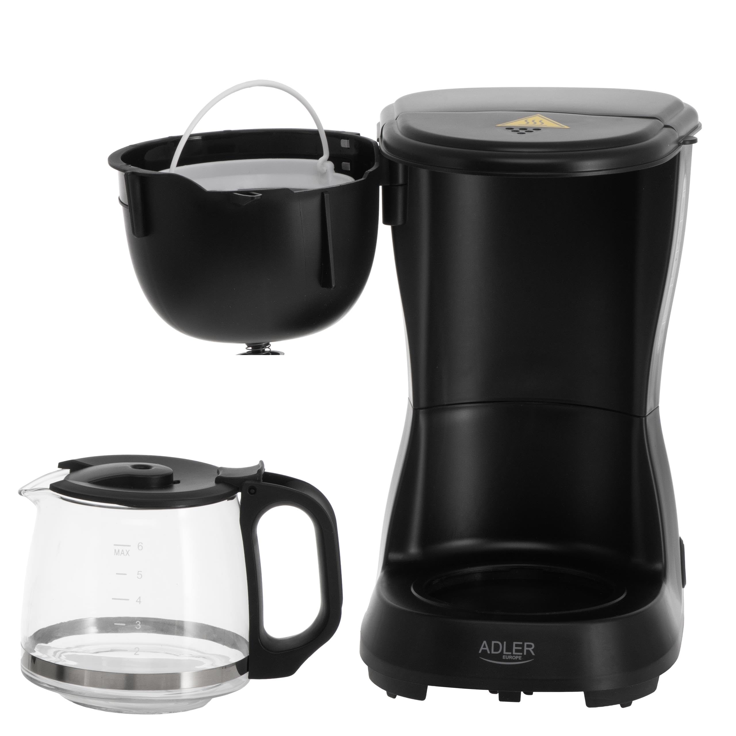 ADLER EUROPE Ekspres do kawy przelewowy, ekspres do kawy z dzbankiem szklanym 600ml, moc 600W, Filtr wielokrotnego użytku, funkcja podtrzymywania temperatury, blokada kapania, czarny