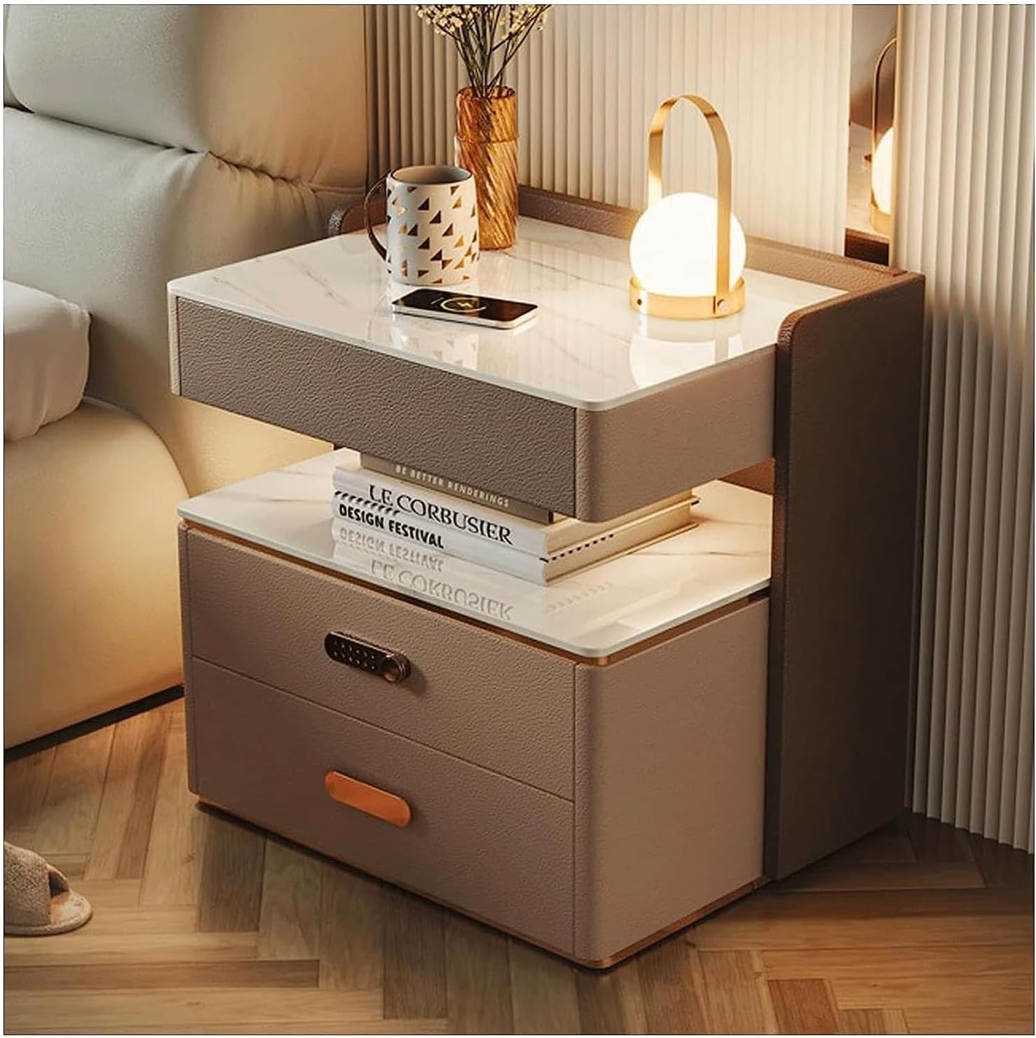 Table de chevet intelligente avec station de charge pour une chambre moderne et ordonnée