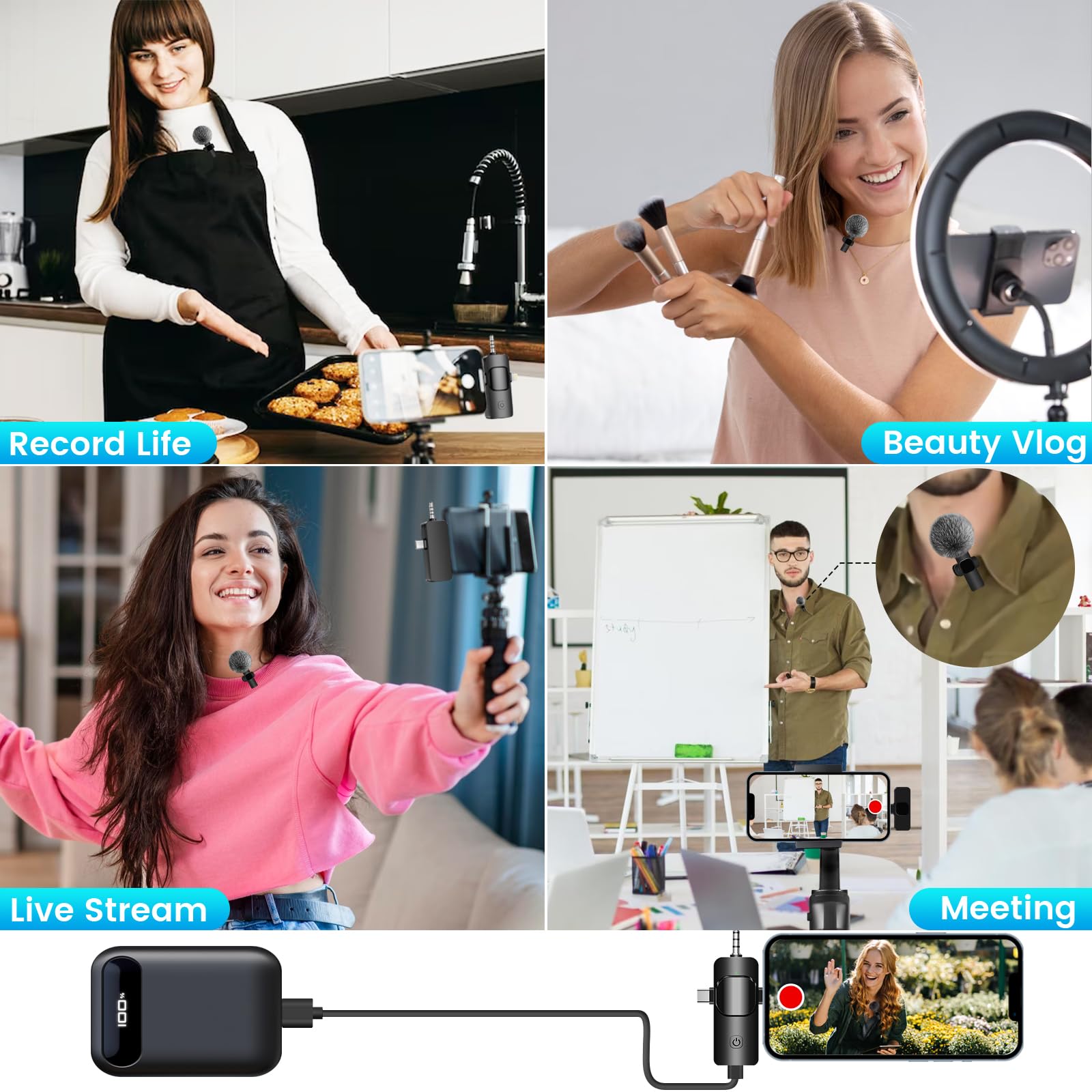 Micrófono Lavalier inalámbrico 4 en 1 para iPhone/USB C Android/cámara/computadora portátil, mini micrófono de 2.4G con retardo ultra bajo con reducción de ruido, micrófonos de solapa inalámbricos 7