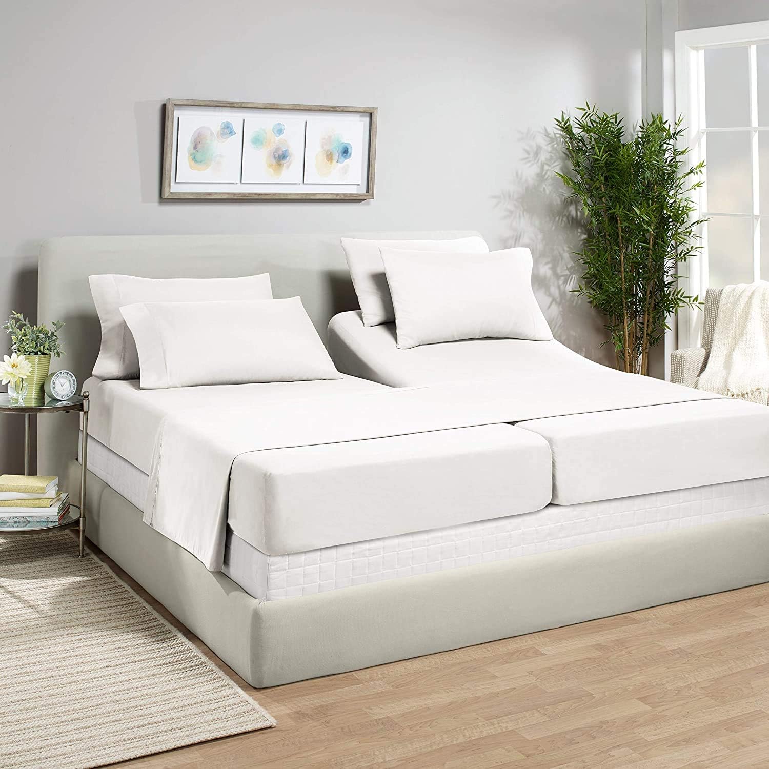 PLUSHY COMFORT Luxury Brand, Split King Sheet Set 5 Piece for King Split Bed 100 Percent Egyptian Cotton 800 Thread Count, White Plain